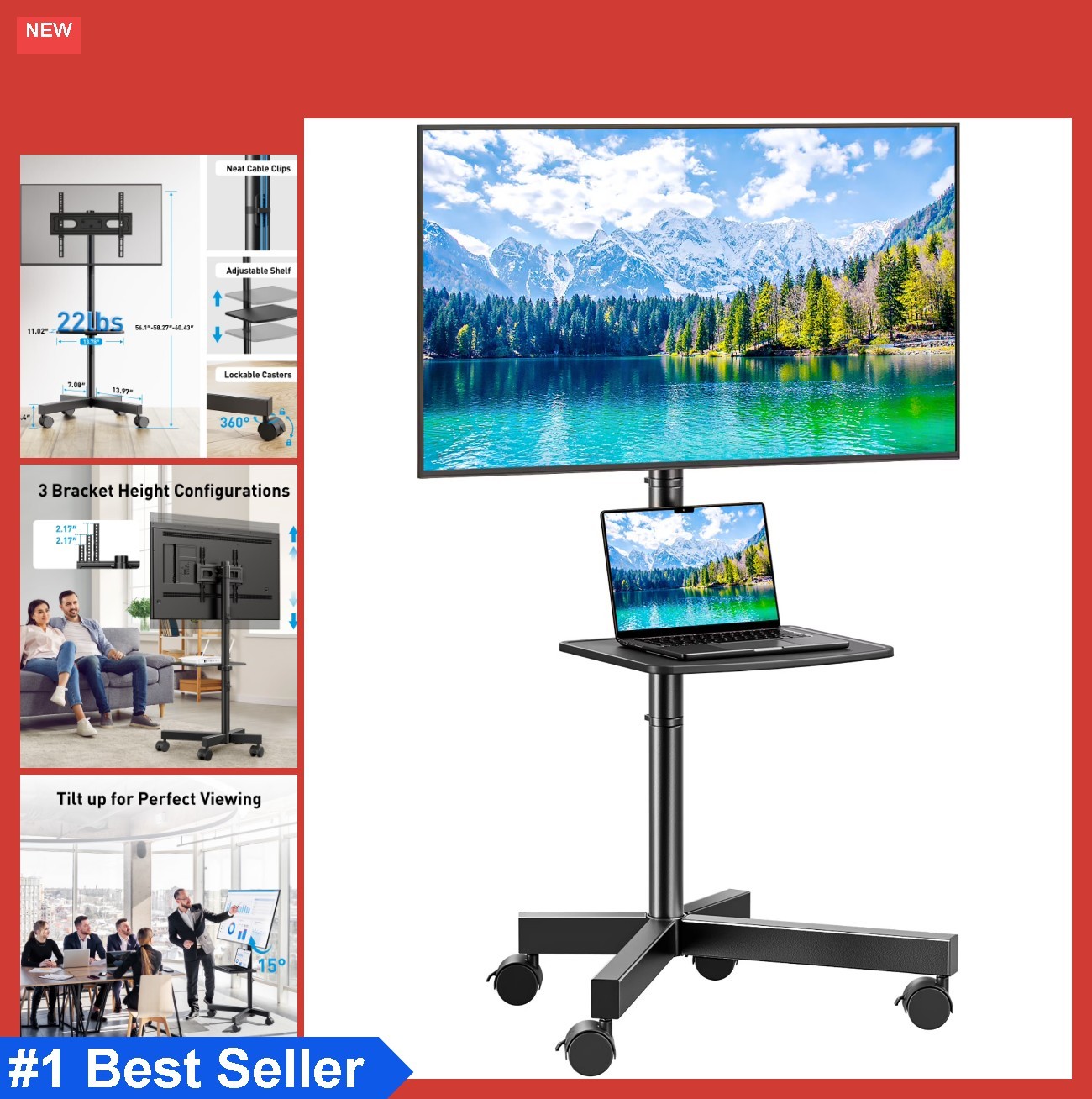 Mobile TV Stand 23-60 Inch Rolling Cart on Wheels Holds 88 lbs 15 Degree Tilt