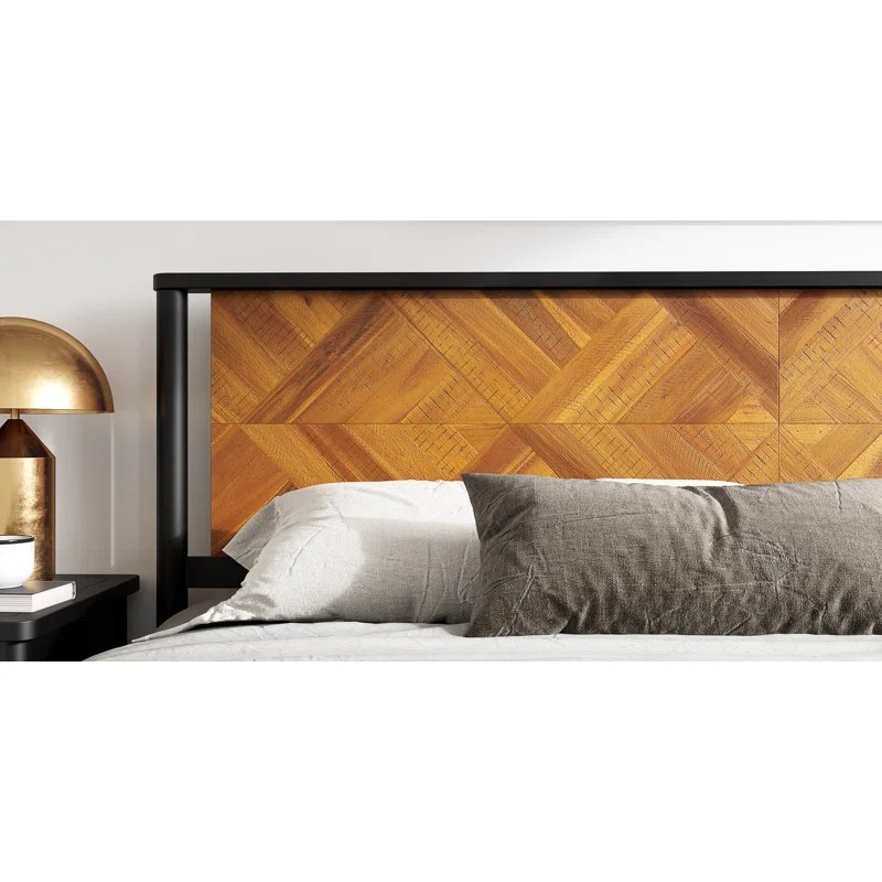King Mid Century Modern Acacia Wood Platform Bed Frame Chevron Headboard 800lb