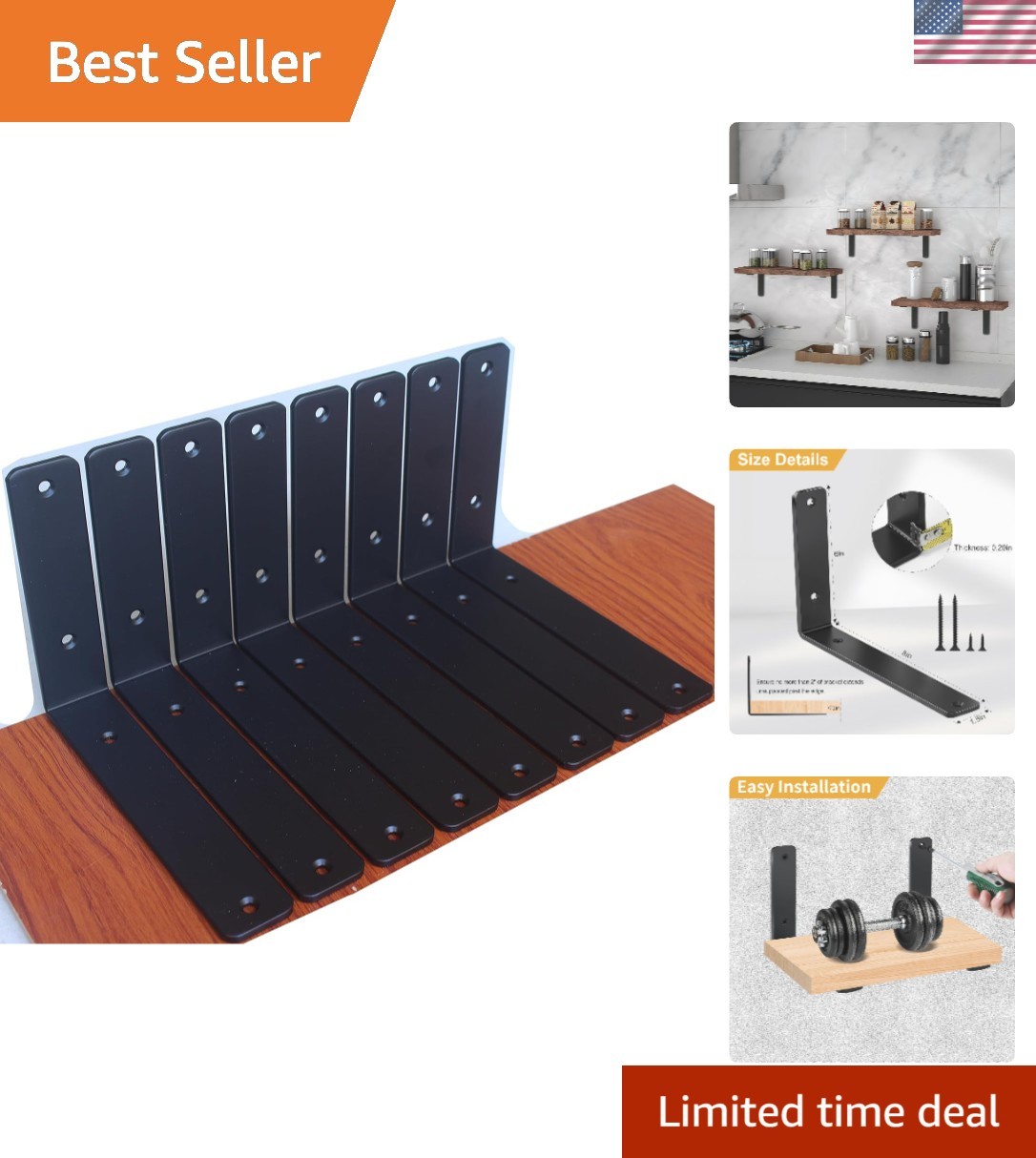 8 Pack Black Heavy-Duty L Shelf Bracket, 8”x6”, 100lb Support, Easy Install