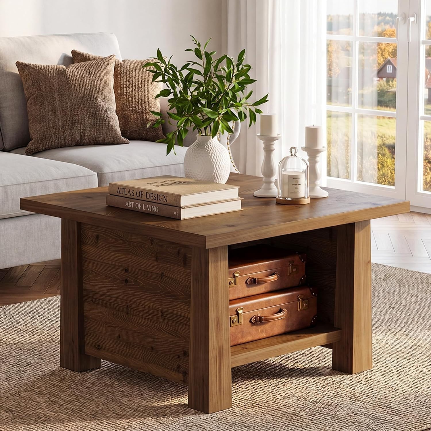 Solid Wood Coffee Table 31.5 Inch Square Rustic Brown Two-Tier Storage Shelf