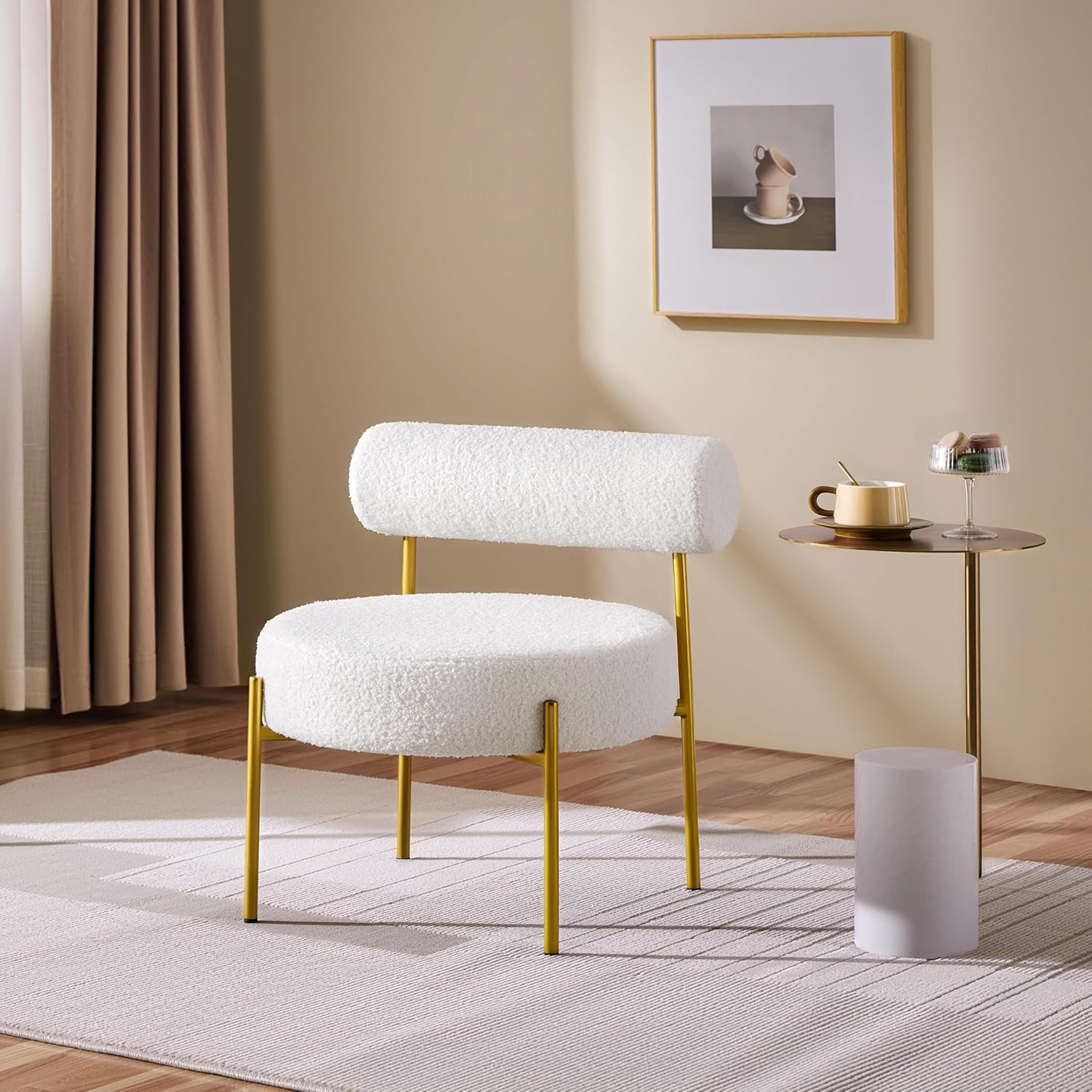 Boucle Accent Chair, Modern Tufted Vanity Chair, Cozy Sherpa Barrel Chair with G