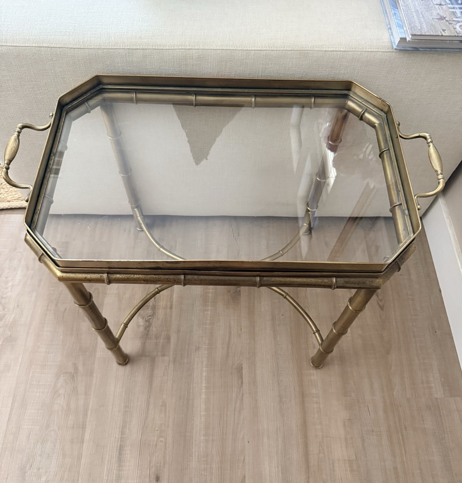 Vintage Brass Faux Bamboo Table with Glass Tray Top | Regency End Table