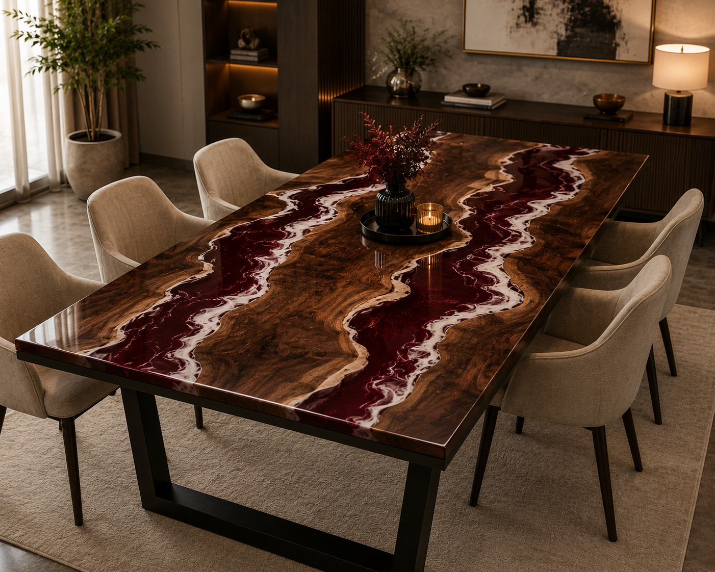 Handmade Red Epoxy River Walnut Dining Table Live Edge Wood Kitchen Table12X24