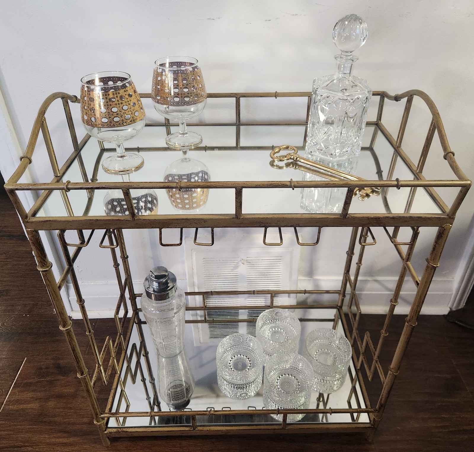 MCM Bar Cart Cocktail Tea Trolley Hollywood Regency 2 Tier Mirror Shelves -30″T