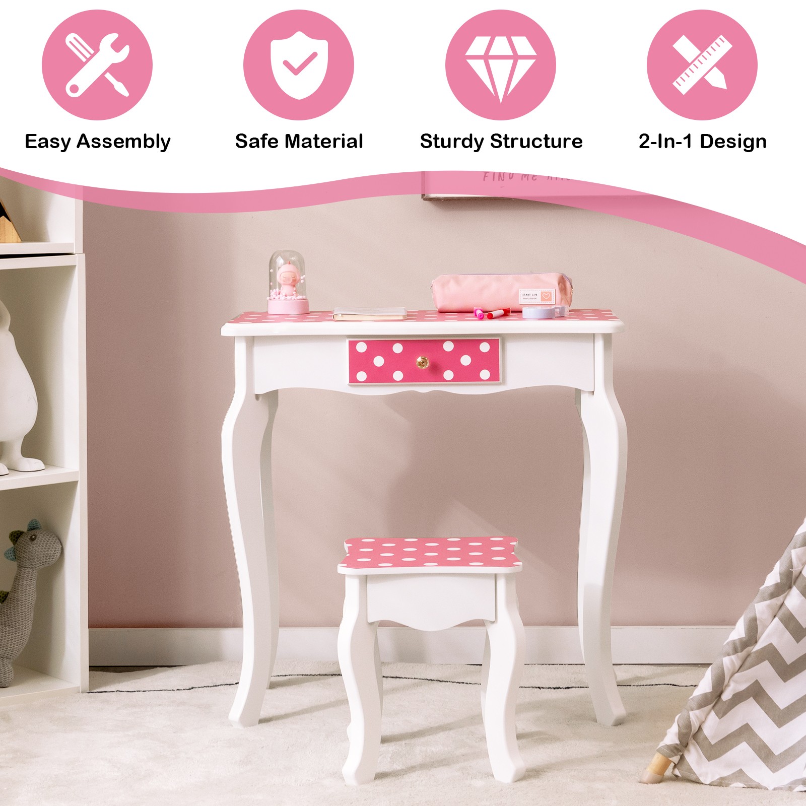Kids Dressing Table Stool Set Vanity Set w/Polka Dot Print Table & Chair Pink