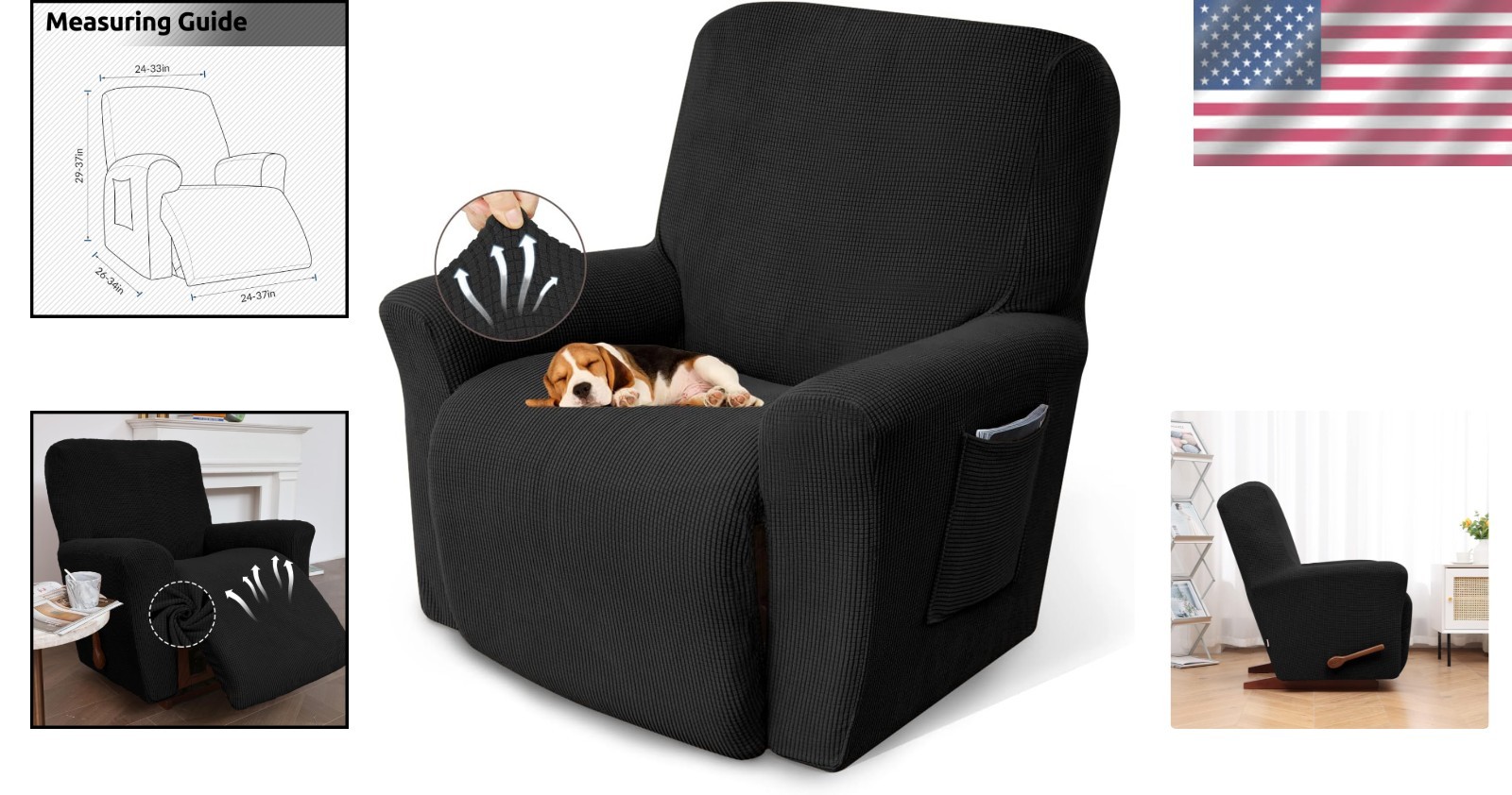 Luxury Black Recliner Chair Cover – Stretchable Slipcover with Easy Care Fabric