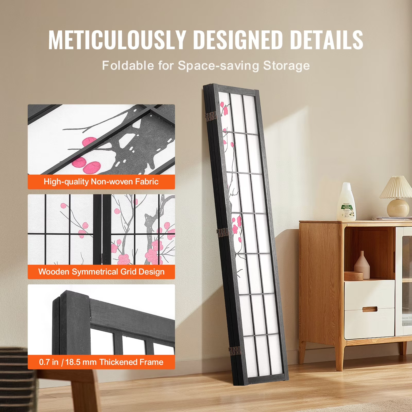 4-Panel Japanese Room Divider Screen, Wooden Folding Privacy Screen for Indoor U