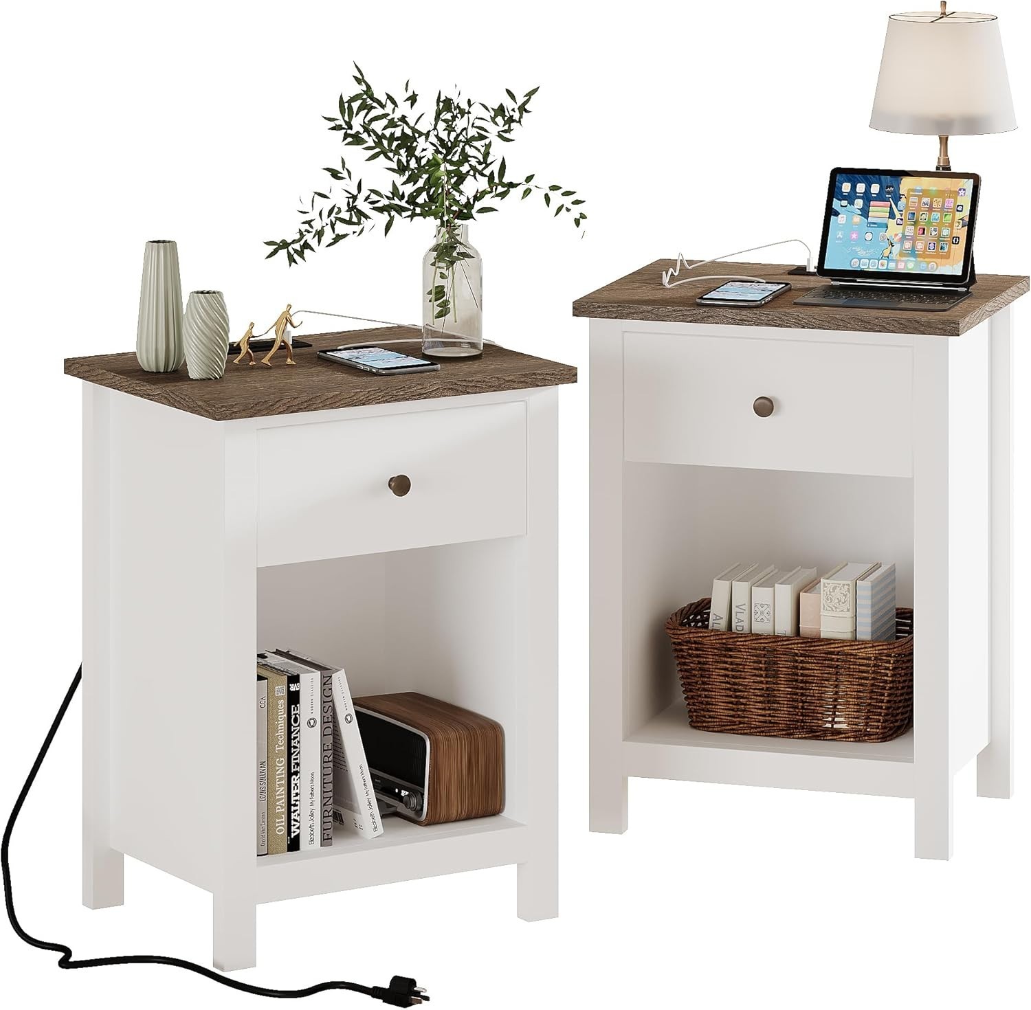 Set of 2 Farmhouse Nightstand w/ Charging Station Wooden Top End Table w/ Drawer