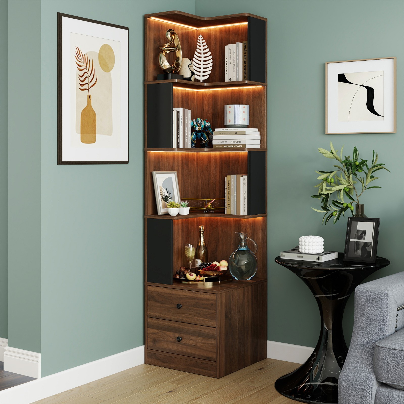 4-Tier Corner Bookshelf with Drawers, Walnut & Black, 16.3″ L x 17.72″ W