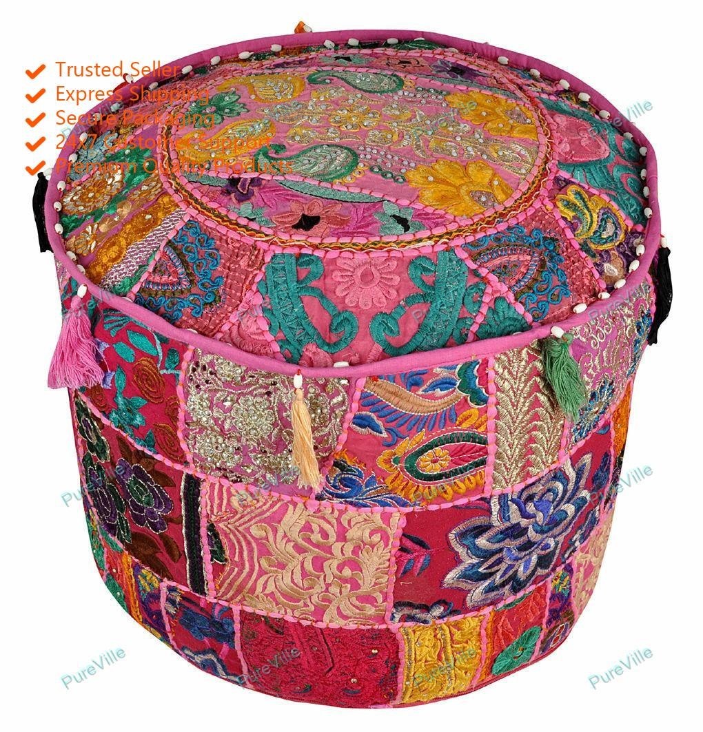 Indian Assorted Patch Work Ottoman Yoga Pouf Cover Footstool Pouffe Ethnic Decor