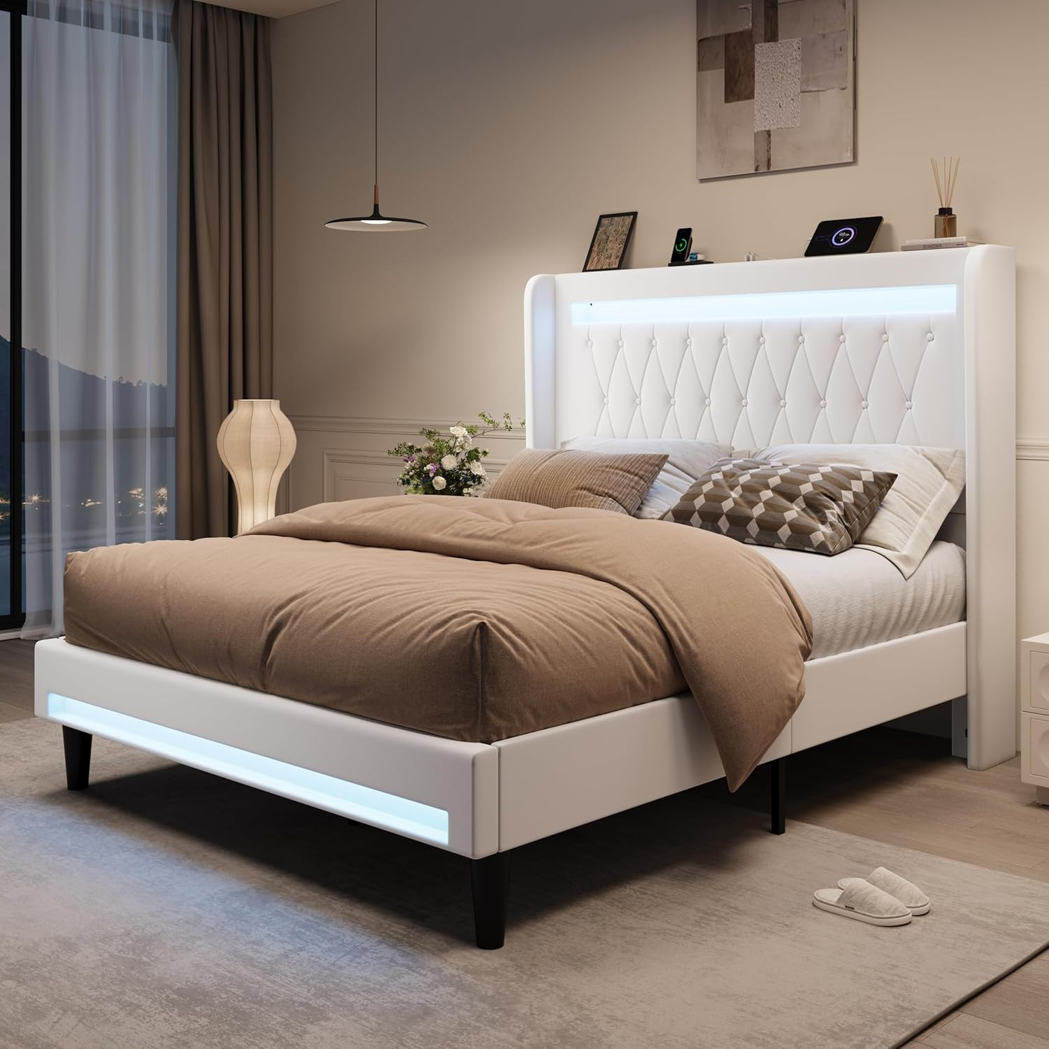 Queen LED Bed Frame with Charging Station, Velvet Upholstered White
