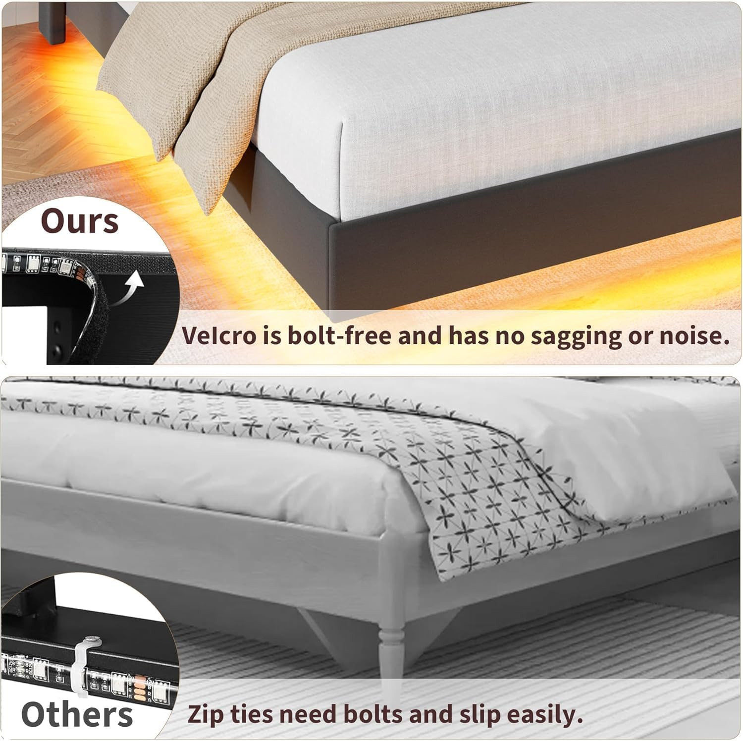 Queen Size Floating Bed Frame with Light and Charging Station, Black | Upholster