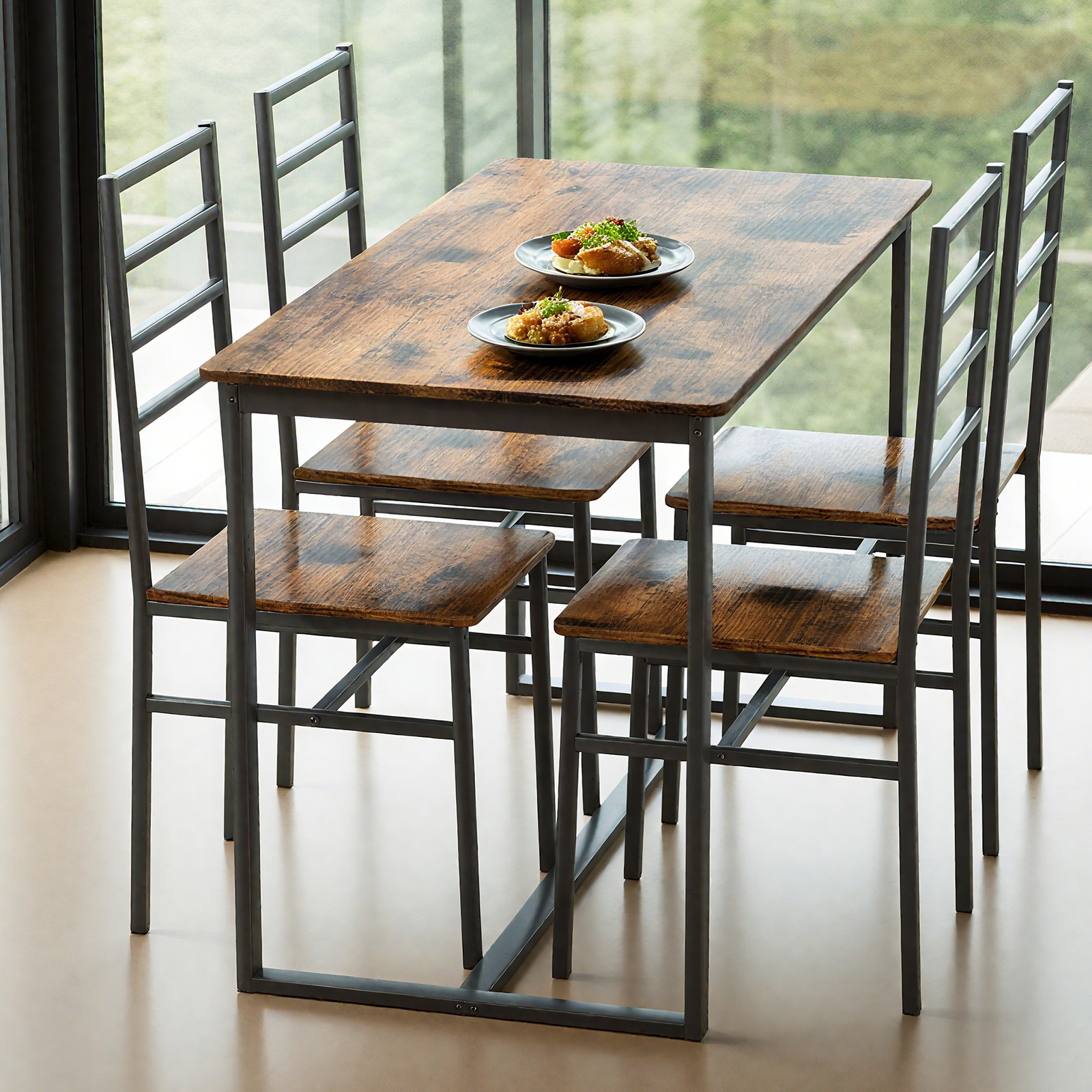 5pcs Metal & Wood Indoor Modern Dinning Table Furniture Set for 4
