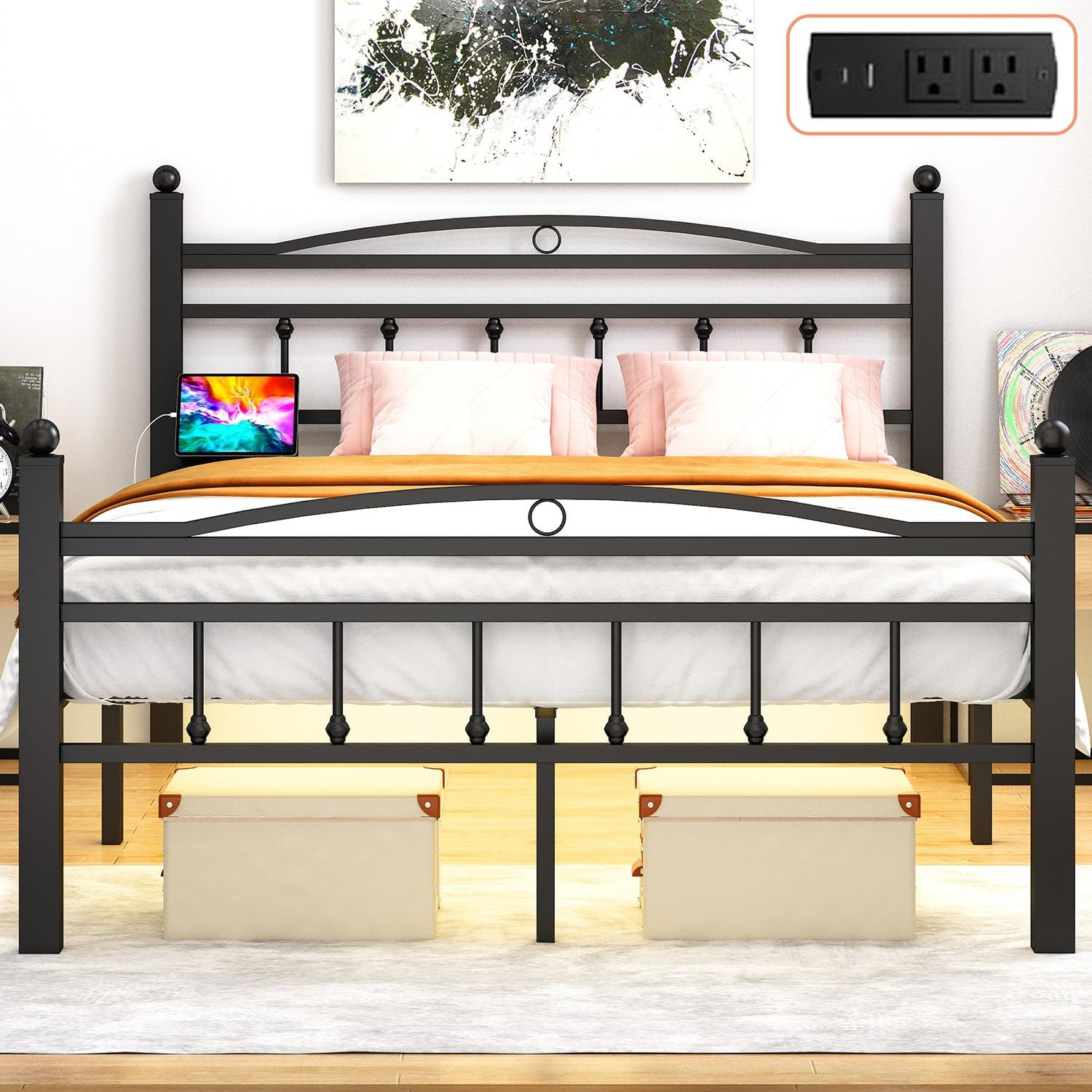 Full Size Metal Bed Frame with LED Lights & Charging Station, No Box Spring Need