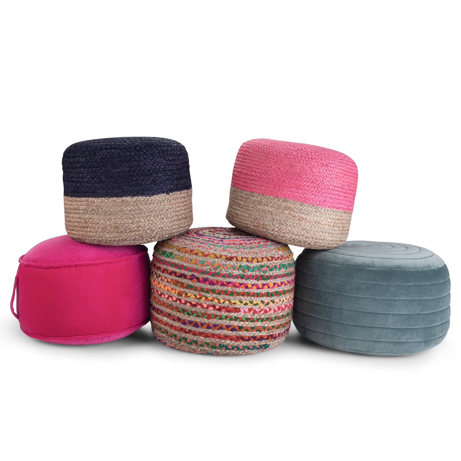 Lydia Round Pouf Footstool Upholstered In Navy Natural Braided Jute For The Livi