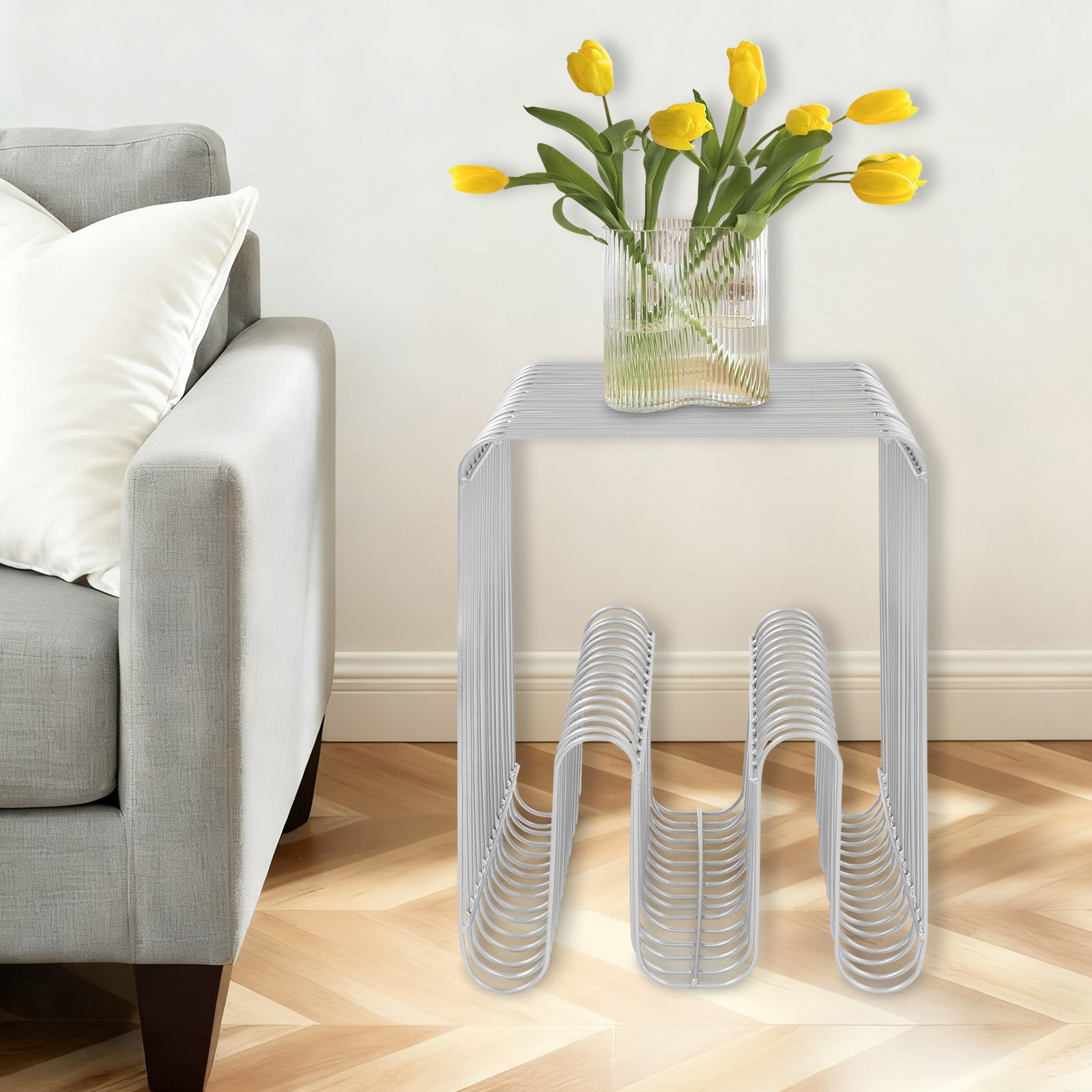 Silver Compact Bedside Table Carbon Steel End Side Table No Assembly Required