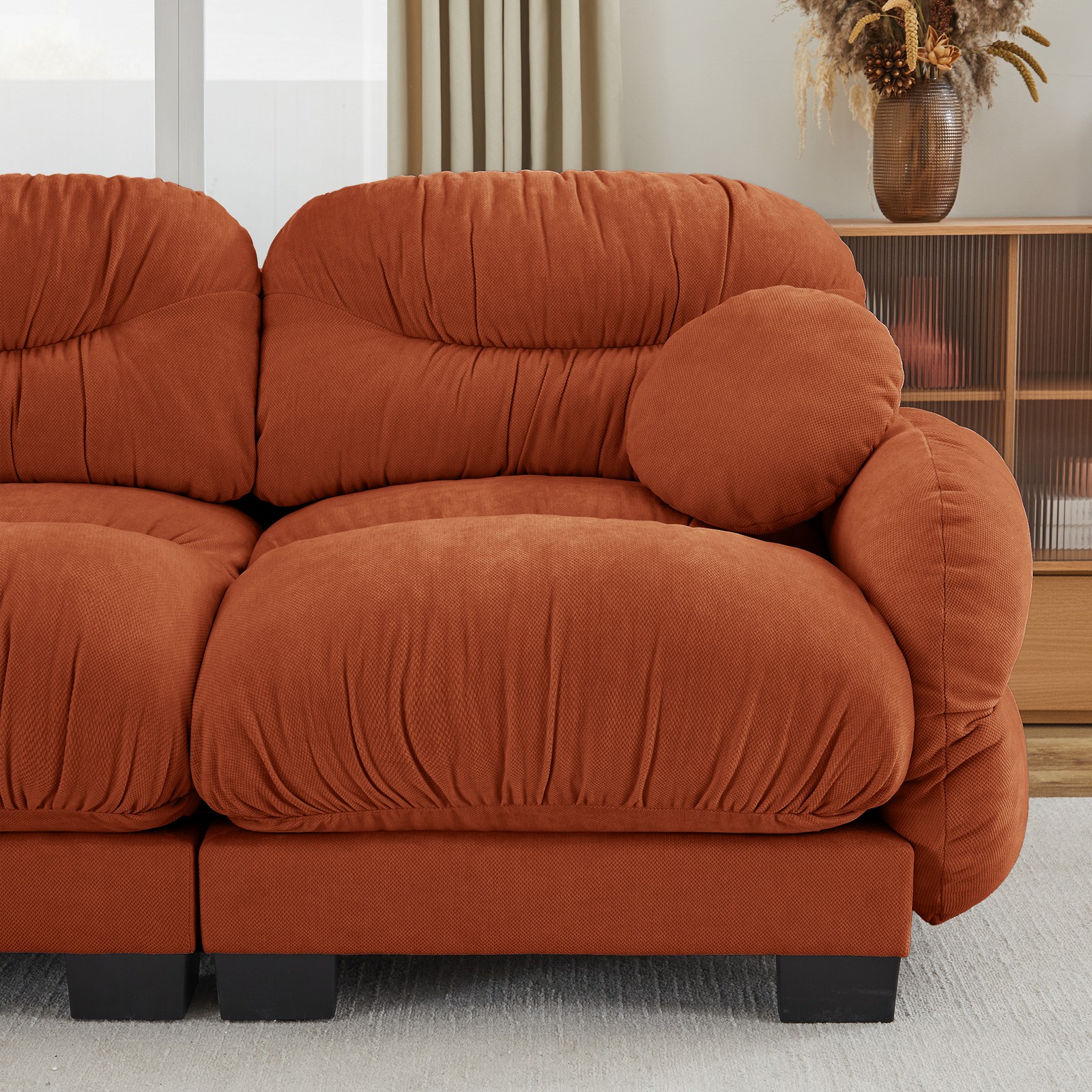 2-Seater Orange Chenille Sofa Modular W/ High-Density Foam & Throw Pillows