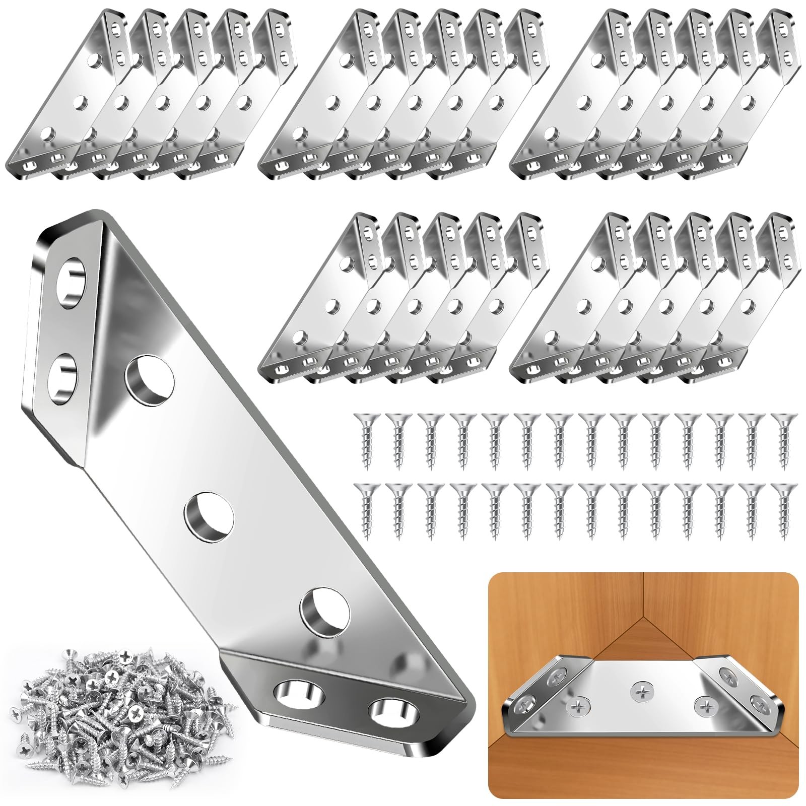 25 PCS Stainless Steel Corner Bracket For Wood Metal Furniture 150 Screws