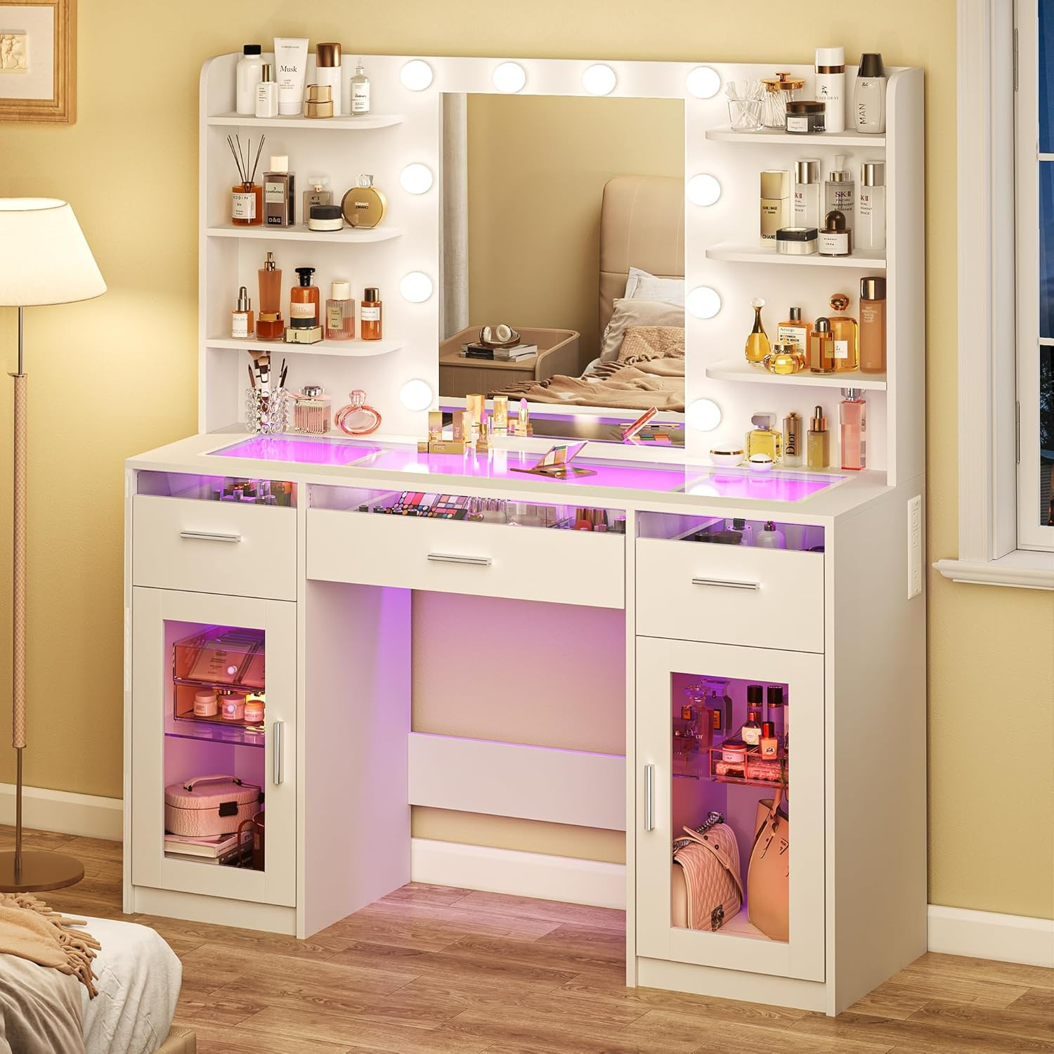 Vanity Desk, Makeup Vanity Desk with Mirror and Lights 3 Colors, Transparent Top