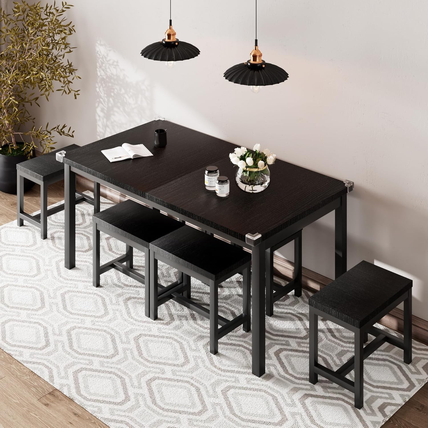 7-Piece Extendable Dining Table Set with 6 Stools, 63″ Kitchen Table Set for