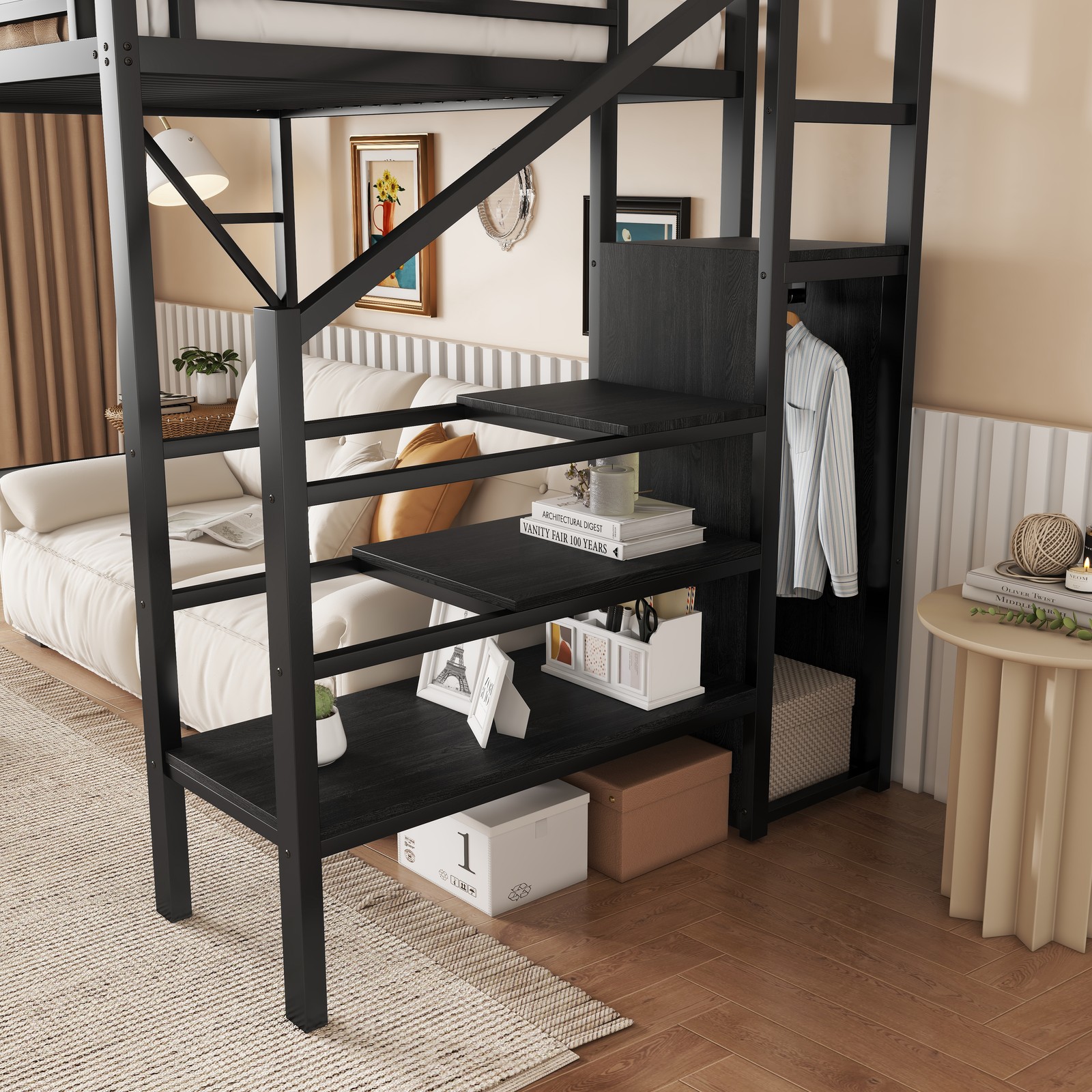 Twin Size Loft Bed with Stairs & Wardrobe, Metal Frame, Black