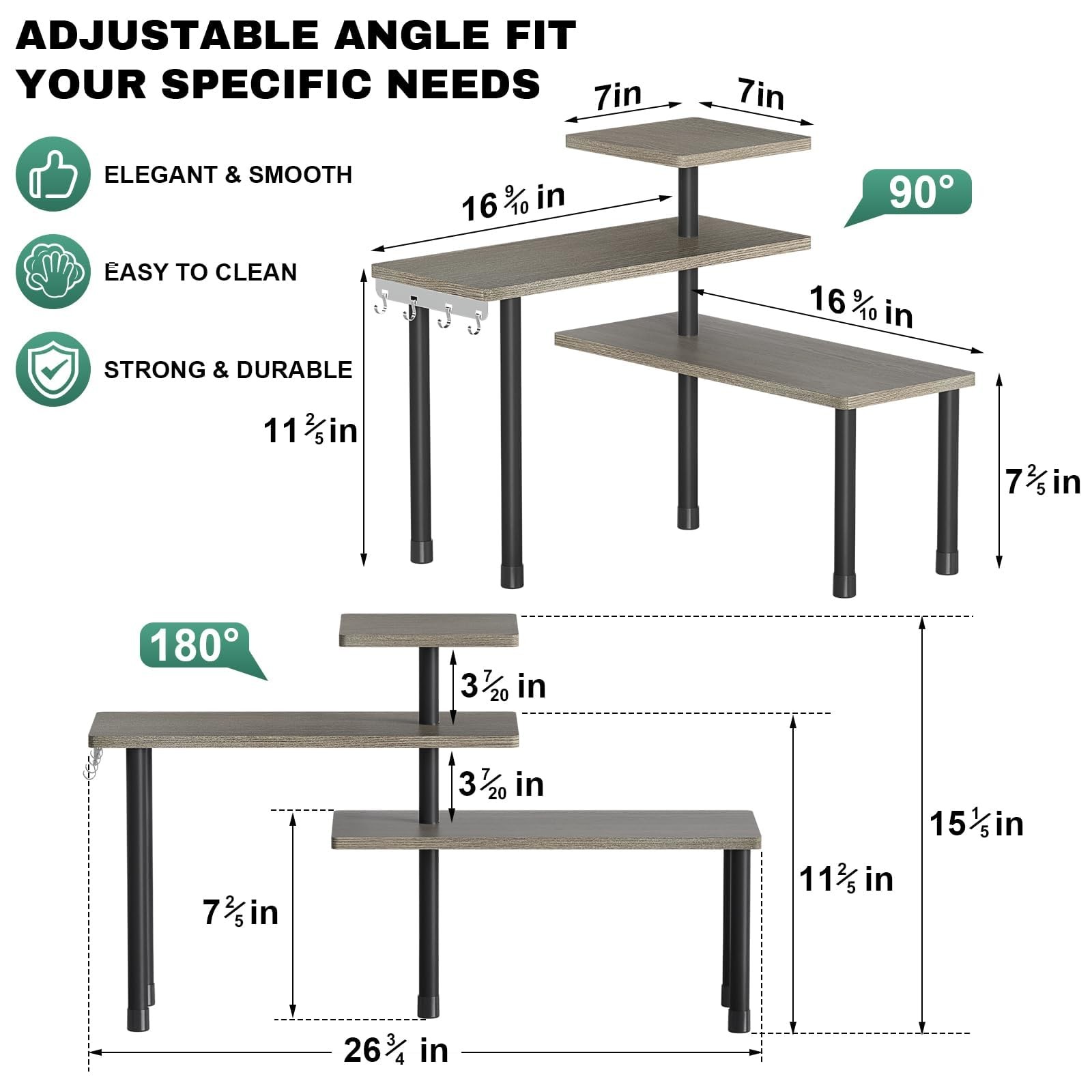 Adjustable 3Tier Corner Shelf Countertop Organizer 4 Metal Hooks Rustic Grey