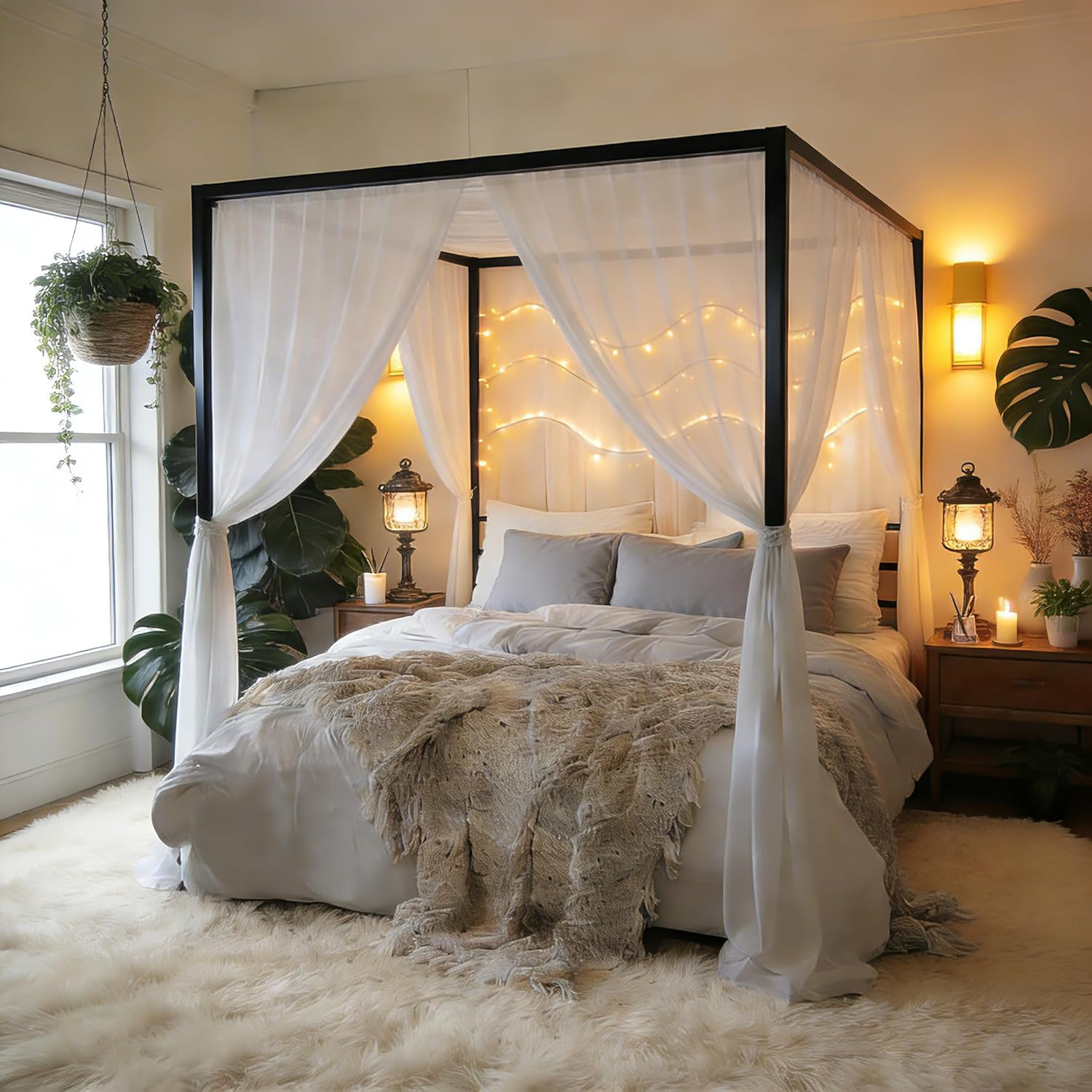 Canopy Bed Frame, Four Poster Platform Bed with USB Charging Station, Metal Bed