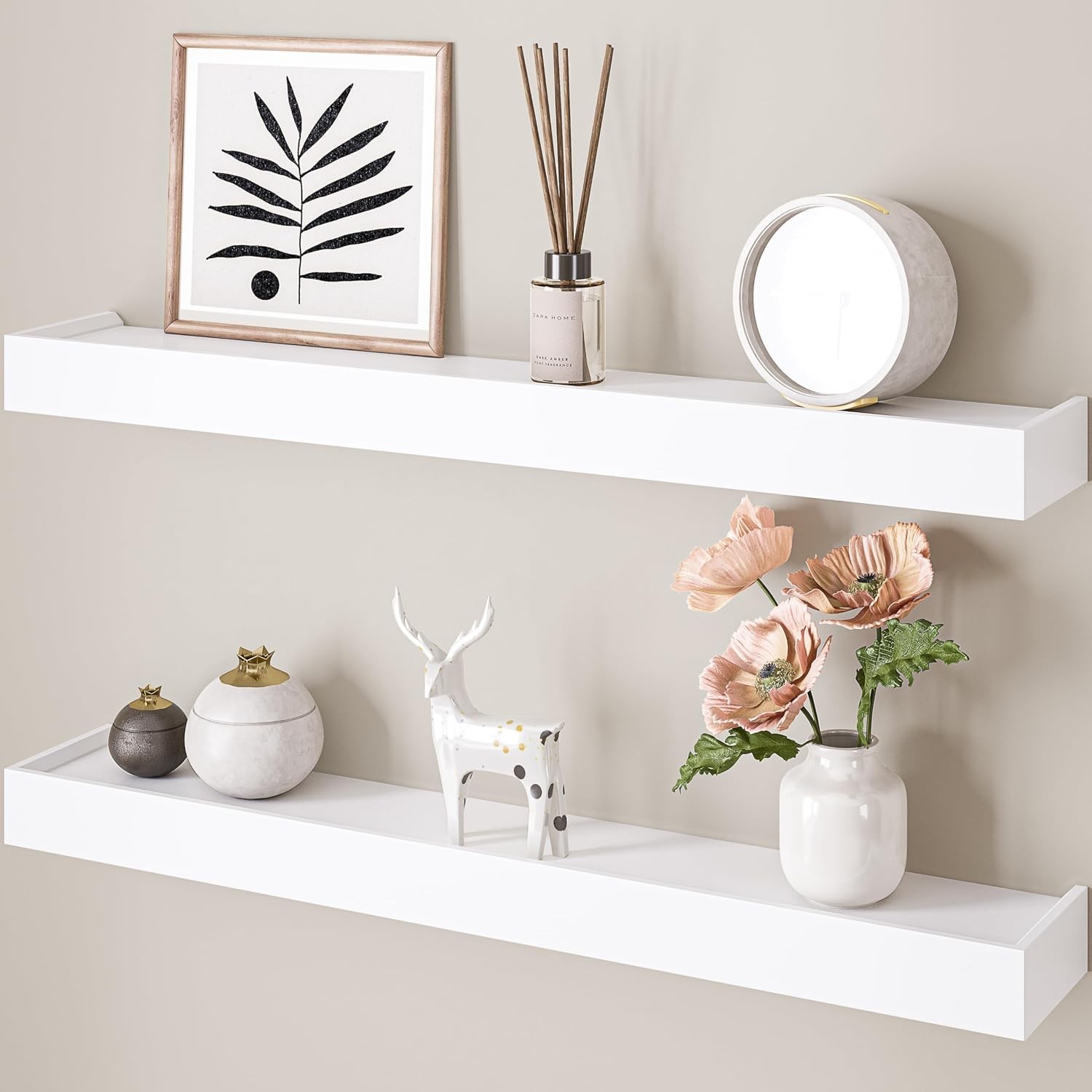 Space-Saving 24″ White Floating Wall Shelves – Set of 2 with Adjustable Design