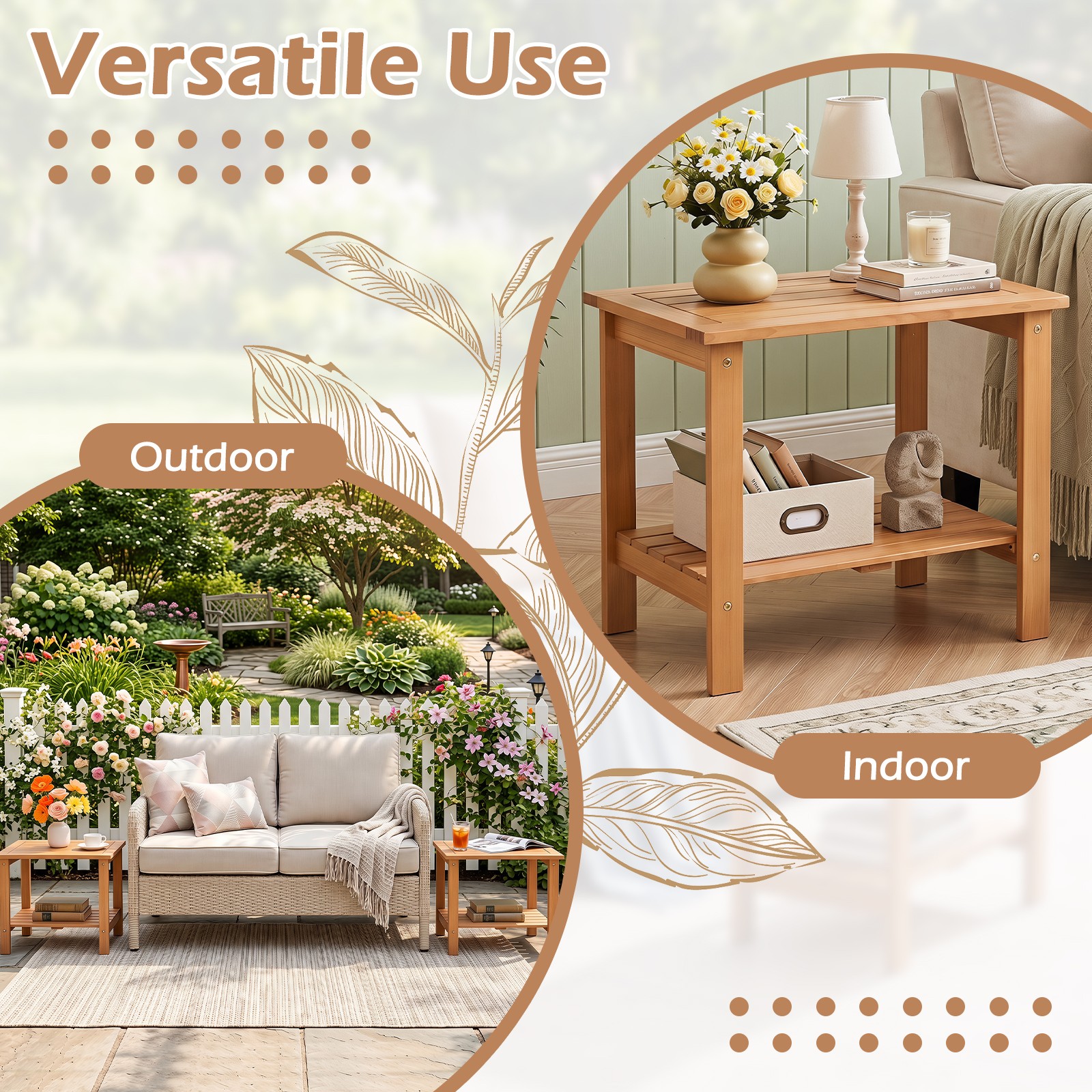 2PCS Outdoor Eucalyptus Wood Side Table with Slatted Tabletop & Storage Shelf