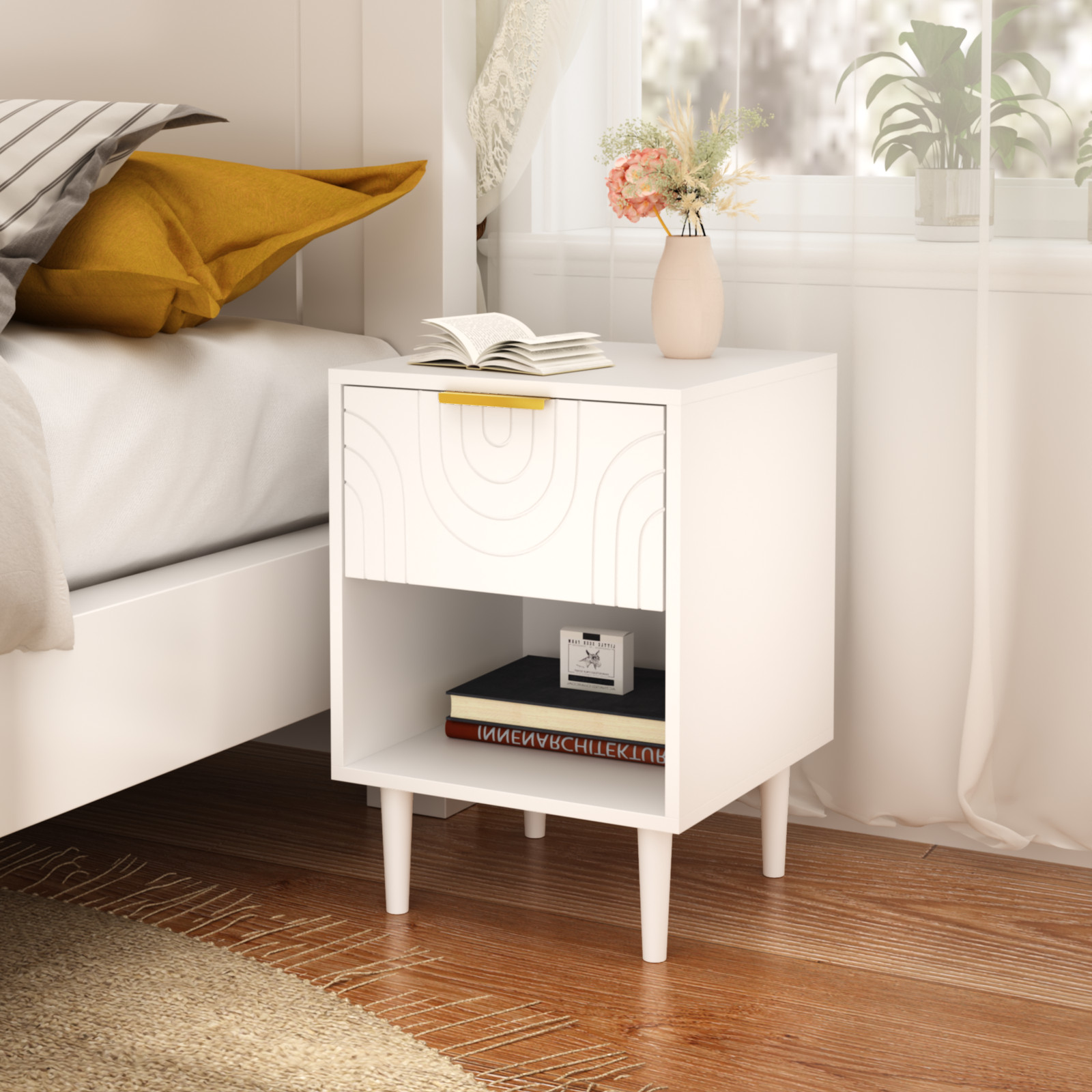 Modern White Nightstand with 1 Drawer & Shelf, Gold Handle, 22.83″ H