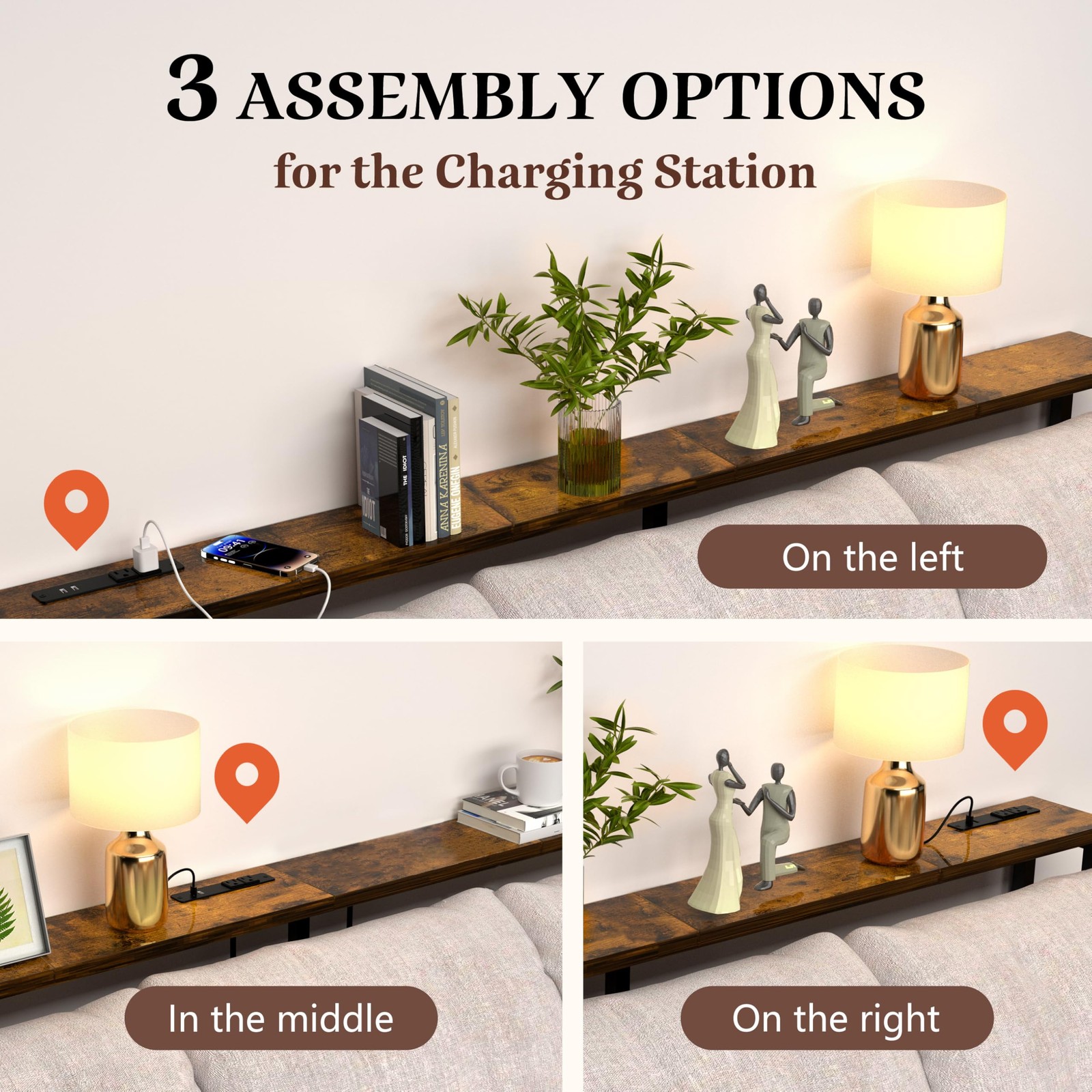 GRLEAF 78″ Sofa Table with Built-in Power Strip 78in, Rustic Brown (Regular)