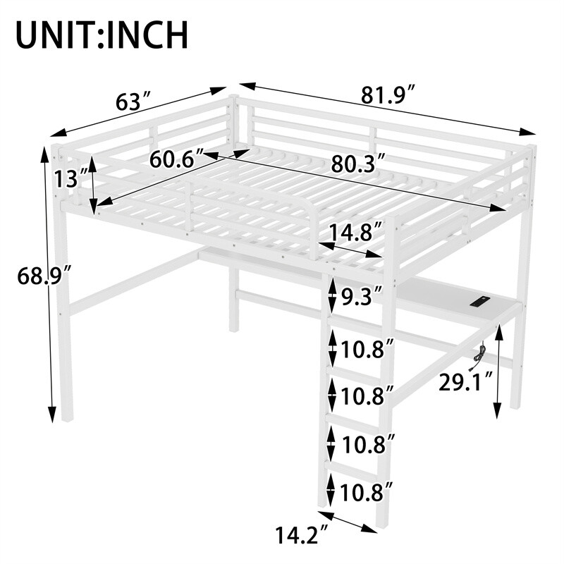 Metal Queen Size Loft Bed w/Power Outlet and LED Lighted Space-Saving Bed Frame