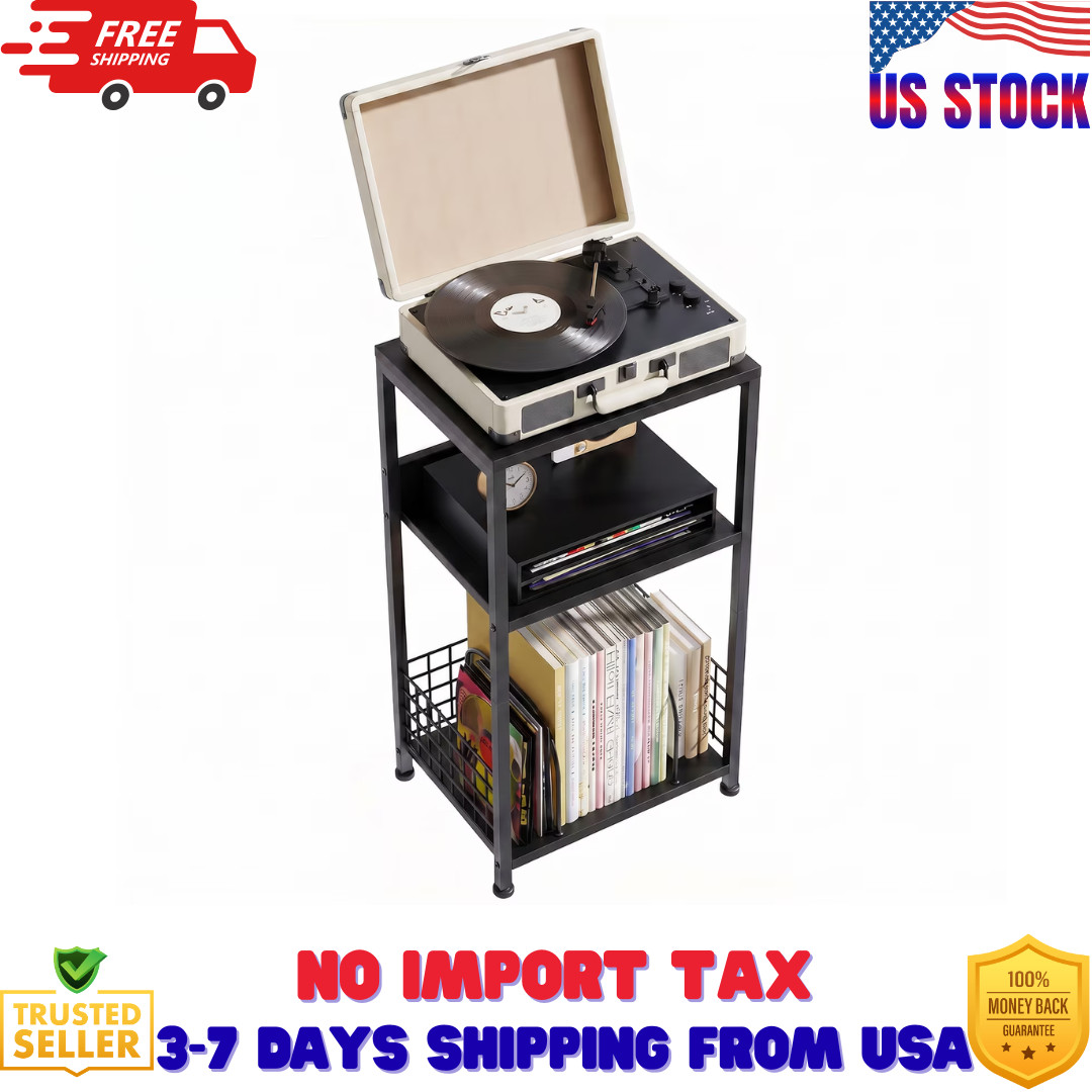 Alvantor 3-Tier Side Tables Vintage Record Player Stand & Vinyl Storage Unit