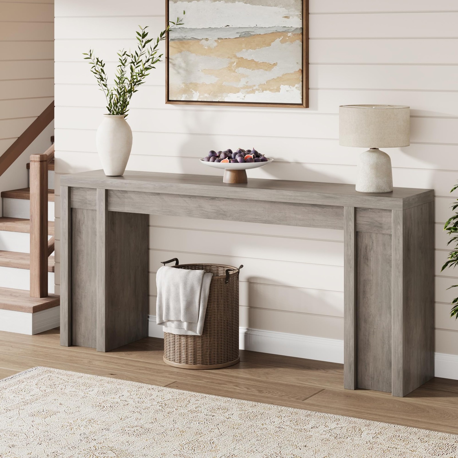 70.9 in Gray Entryway Table, Wooden Farmhouse Console Table Below Mounted TV,…