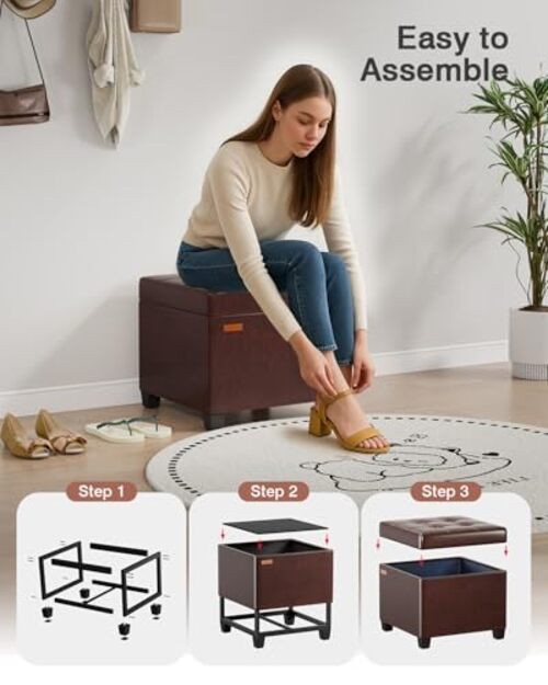 Synthetic Leather Cover Steel Frame Ottoman with 48L Storage,17.7″ x Pu-brown