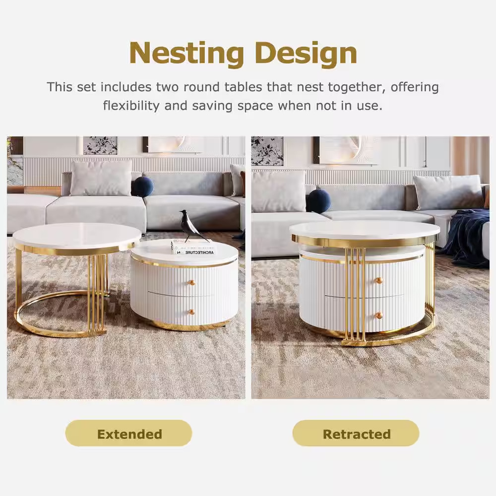 Modern 27.6 In. White and Gold Wood Nesting End Table Coffee Table with Drawers