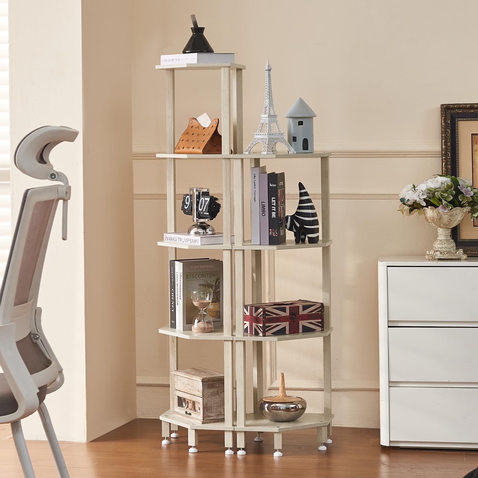 5 Tier Corner Shelf Sturdy Wooden Bookshelf Small Spaces Living Room Grey White