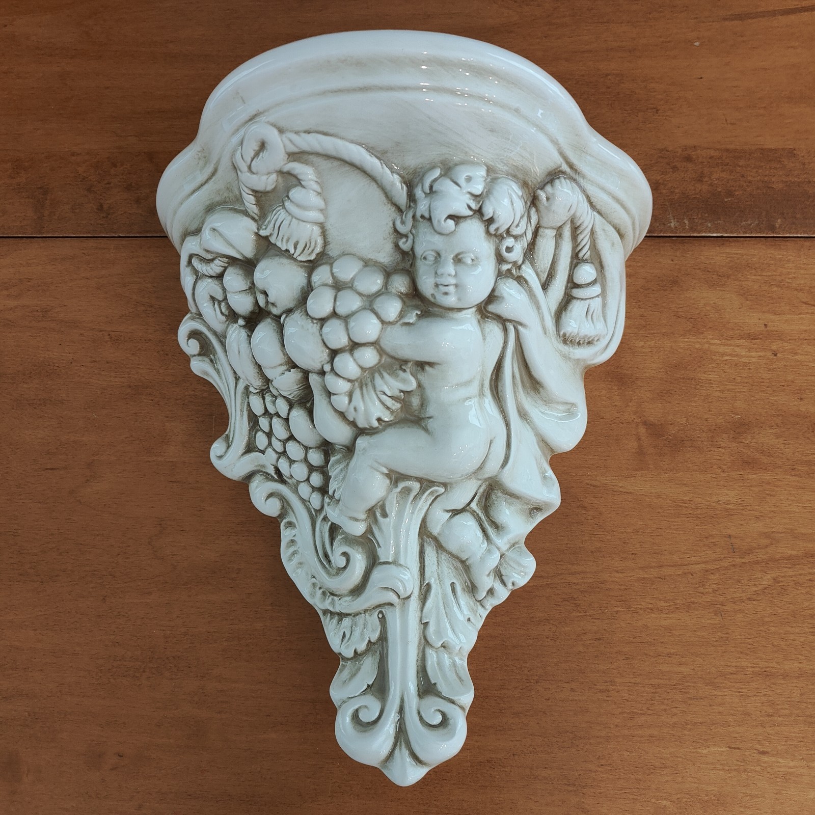Carraro Ceramic Ornate Cherub Fruit Tassel Wall Bracket Shelf Made In Italy