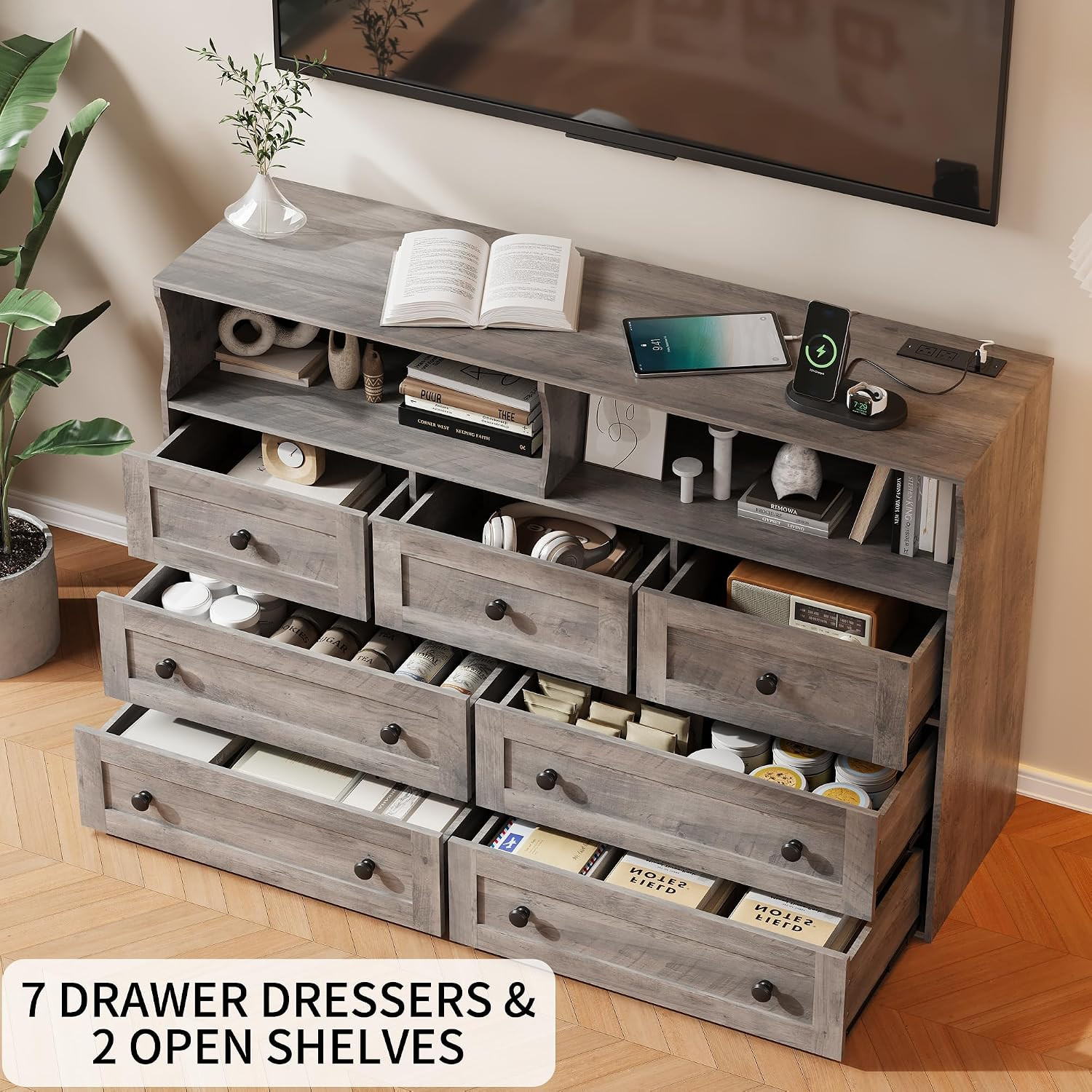 7-Drawer Dresser with LED Lights & Charging Station, Light Brown | Wooden Chest