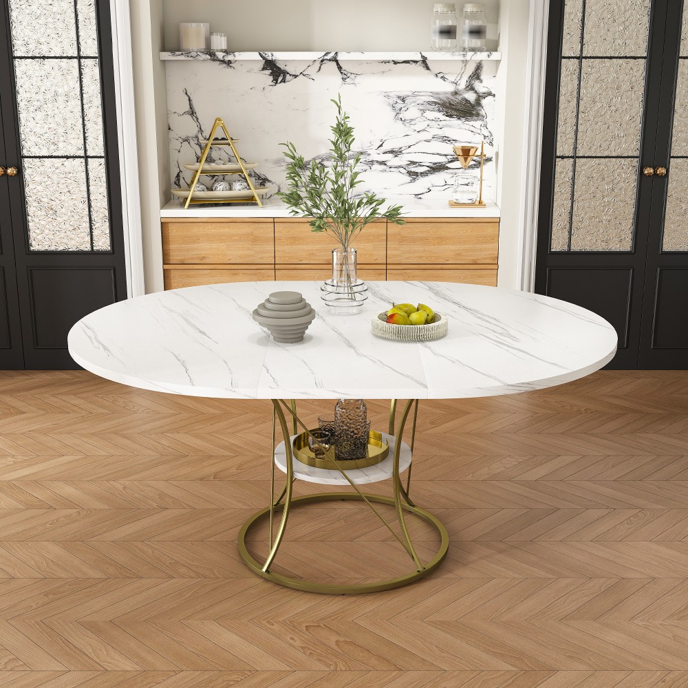Round dining table, extendable, equipped with storage shelf and metal base