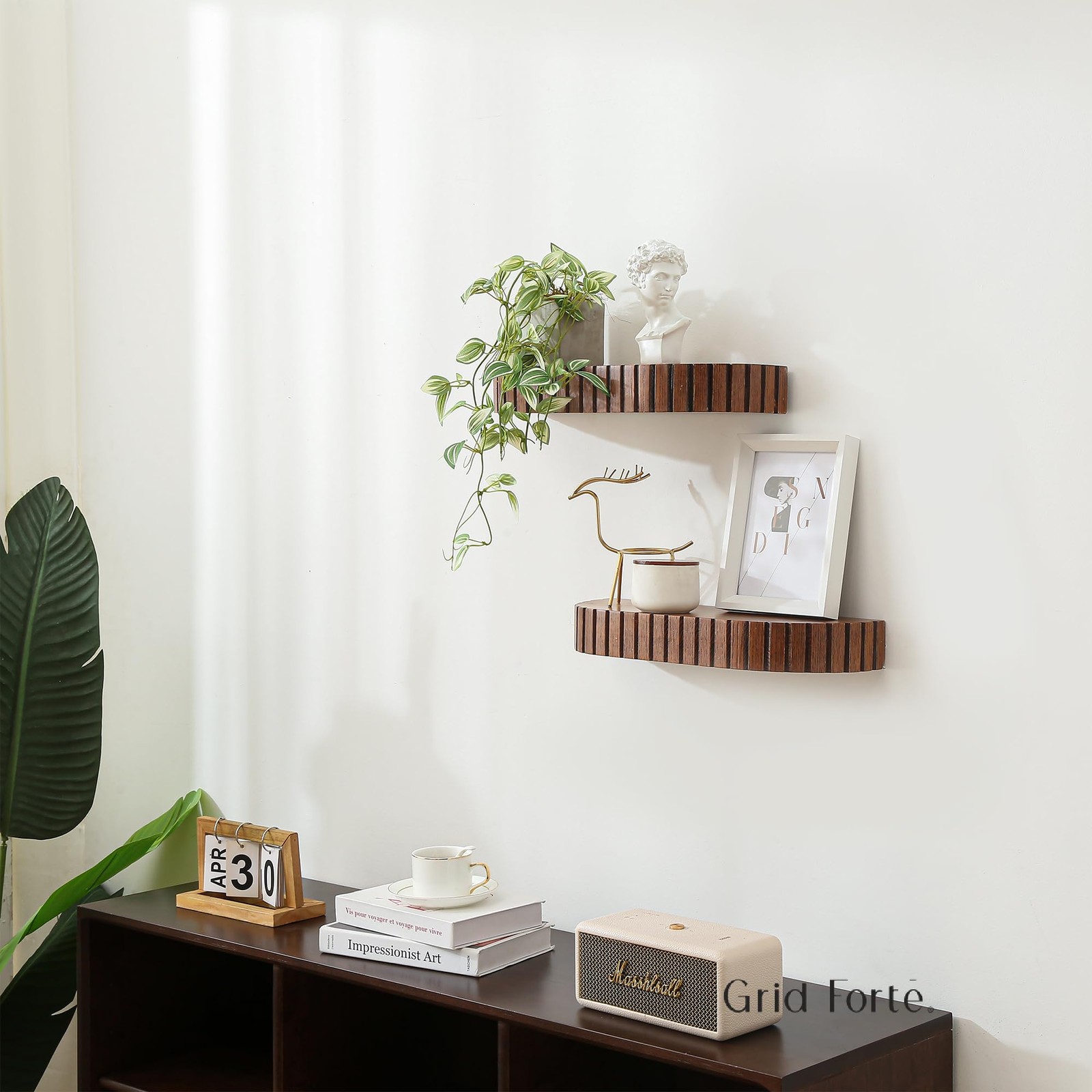 2 PCS 16×5.5 Inch Wood Rounded Fluted Floating Shelf Modern Wall Display