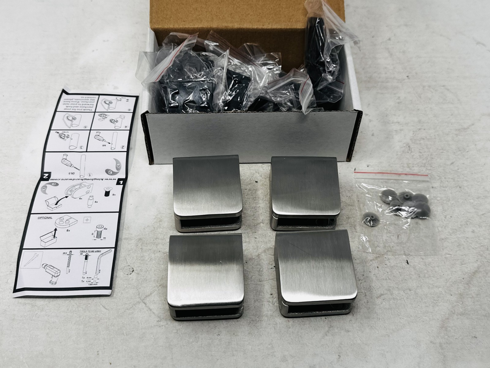 4pcs Glass Clamp Bracket for ⅓” – ½” Tempered Glass, Steel 304 Flat Square Clip