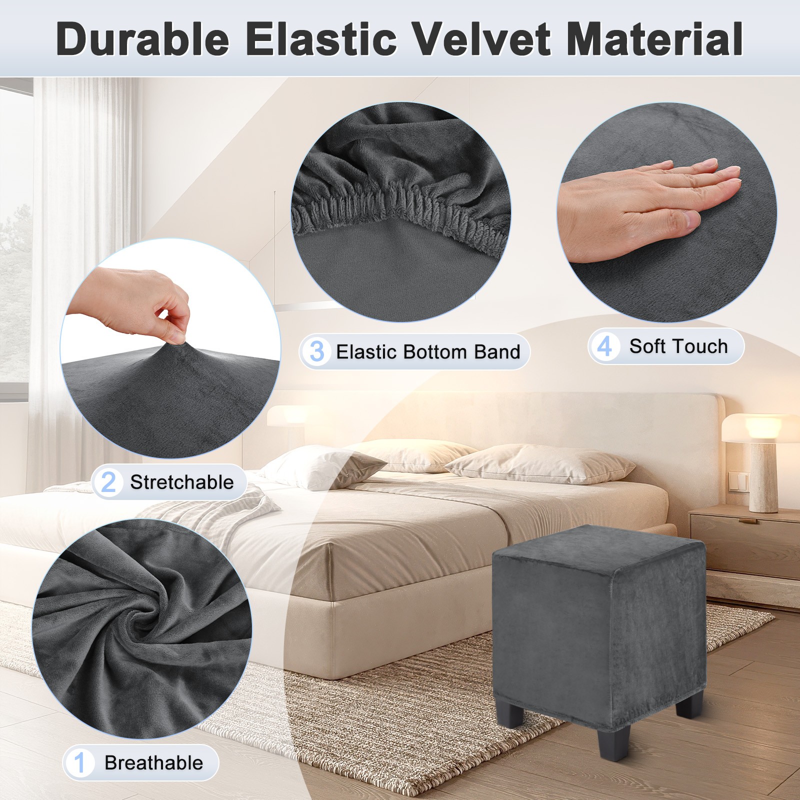 1-Pack 13″x13″x15″ Stretch Square Ottoman covers Footstool Protector Dark Gray
