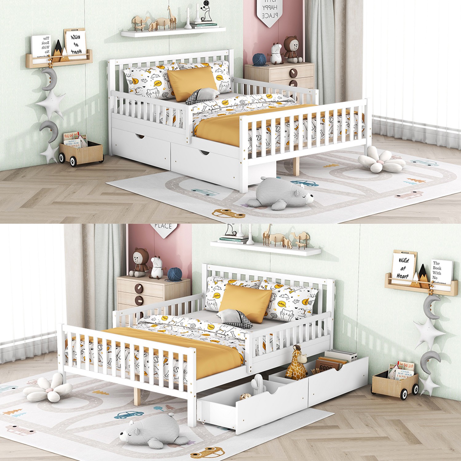 Full Size Bed Frame w/ Guardrails on Both Sides Two Storage Drawers White Wood