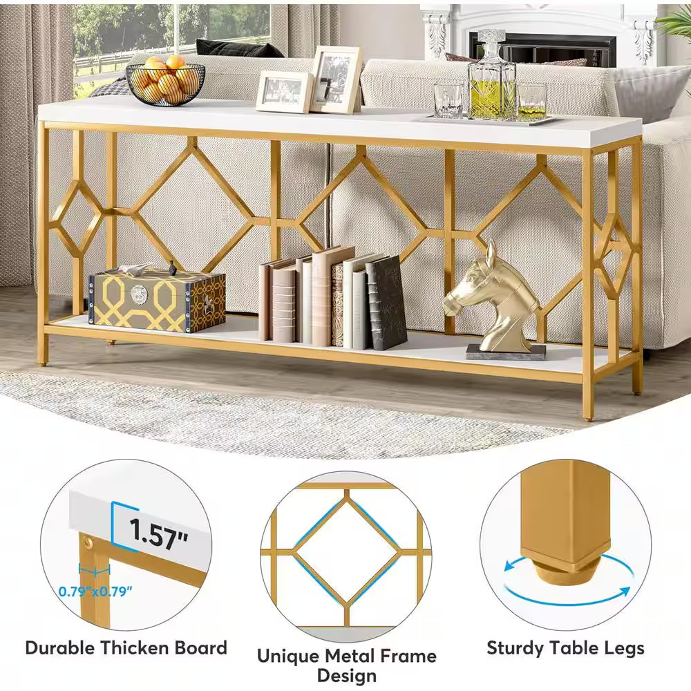 Turrella 70.9 In. Whiteandgold Extra Long Rectangle Wood Console Table behind Co