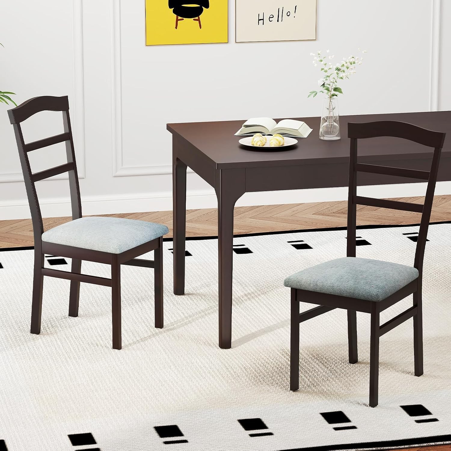 Wooden Dining Chairs Set of 2, Upholstered Kitchen Chair w/Rubber Wood Frame,
