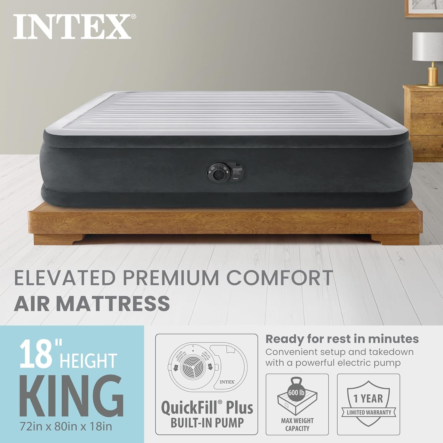 King Size Air Mattress 18in Height Airbed with Built-in Pump Dura-Beam Elevated