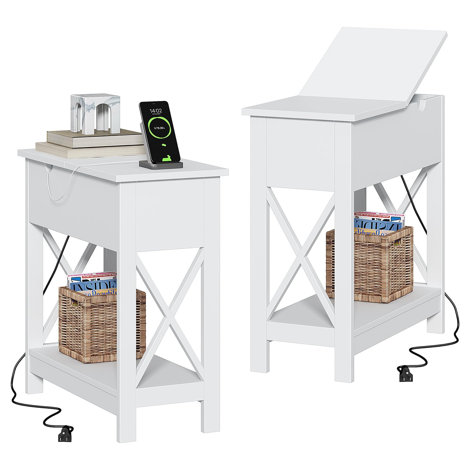 ChooChoo End Table with Charging Station, Narrow Flip Top Side 2 Pack, White
