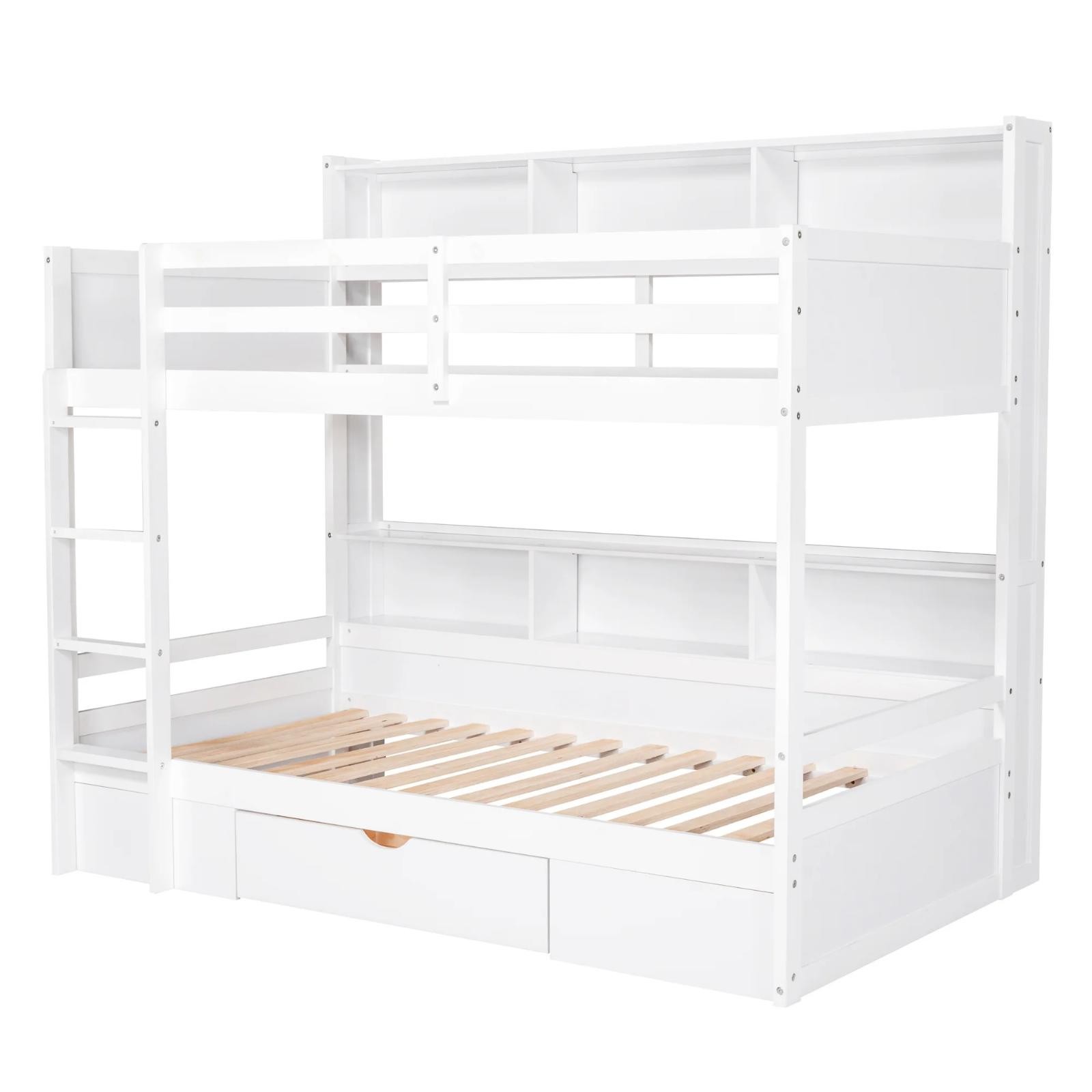 Modern Solid Wood Twin Over Twin Bunk Bed W/ Shelves Drawer Kids Teens Bedroom