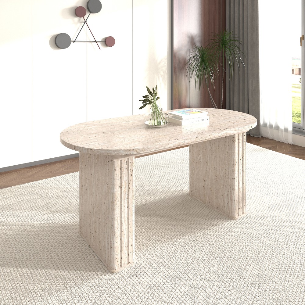 Extendable Oval Kitchen Dining Table Travertine Finish MDF Wooden Strip Base